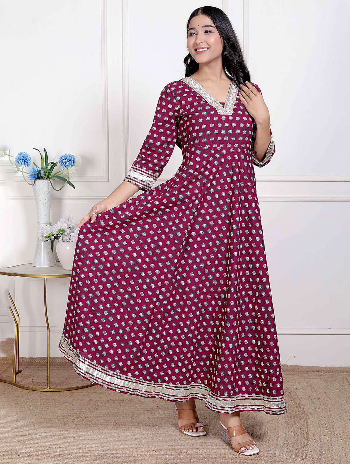 women printed three quarter sleeve anarkali kurta - 22285551 -  Standard Image - 1