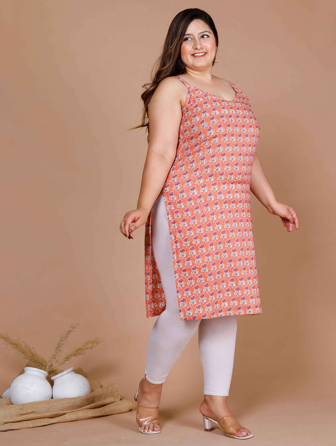 women plus size floral shoulder strap straight kurta - 22285558 -  Standard Image - 1