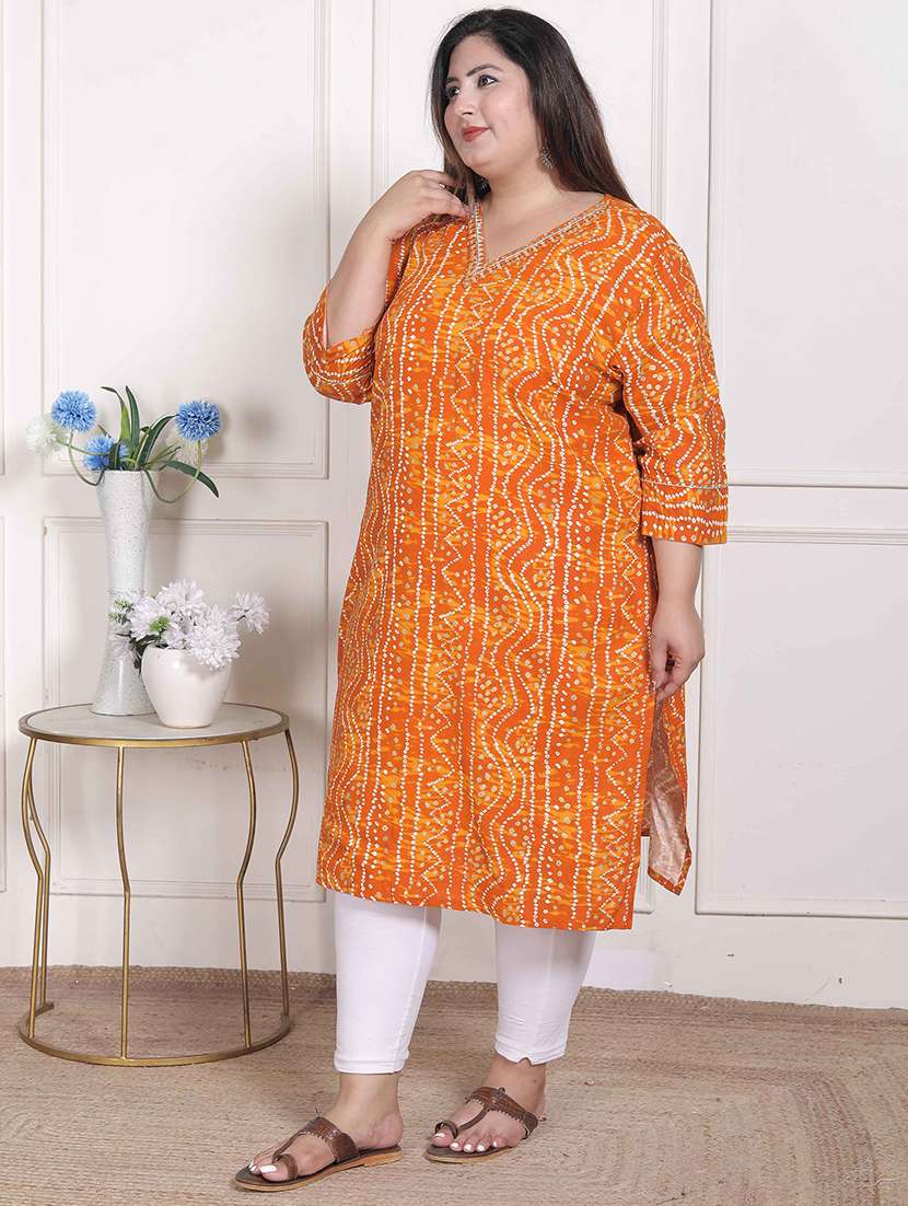 women plus size bandhani three quarter sleeve straight kurta - 22285560 -  Standard Image - 1
