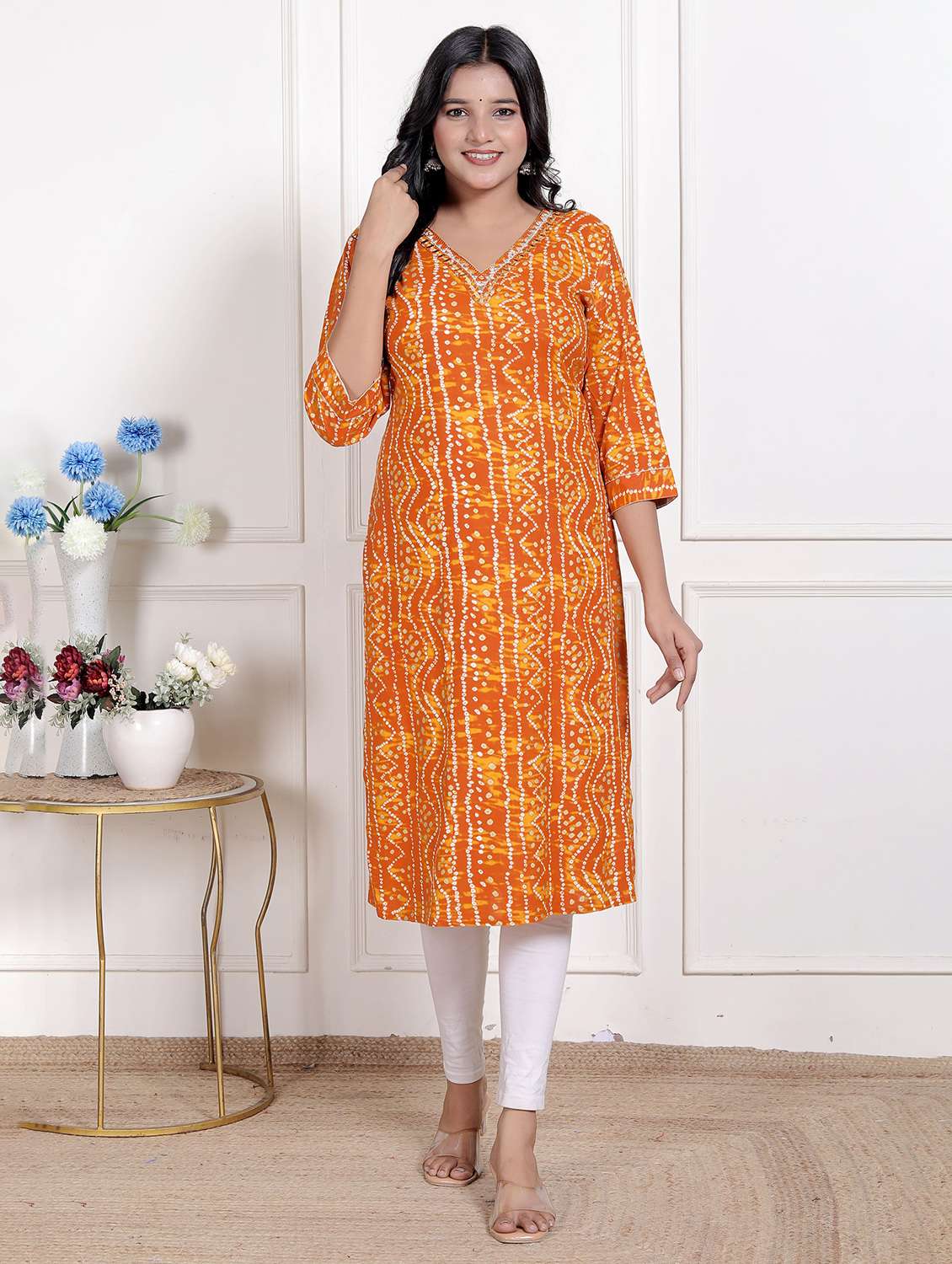 women printed three quarter sleeve straight kurta - 22285562 -  Standard Image - 1