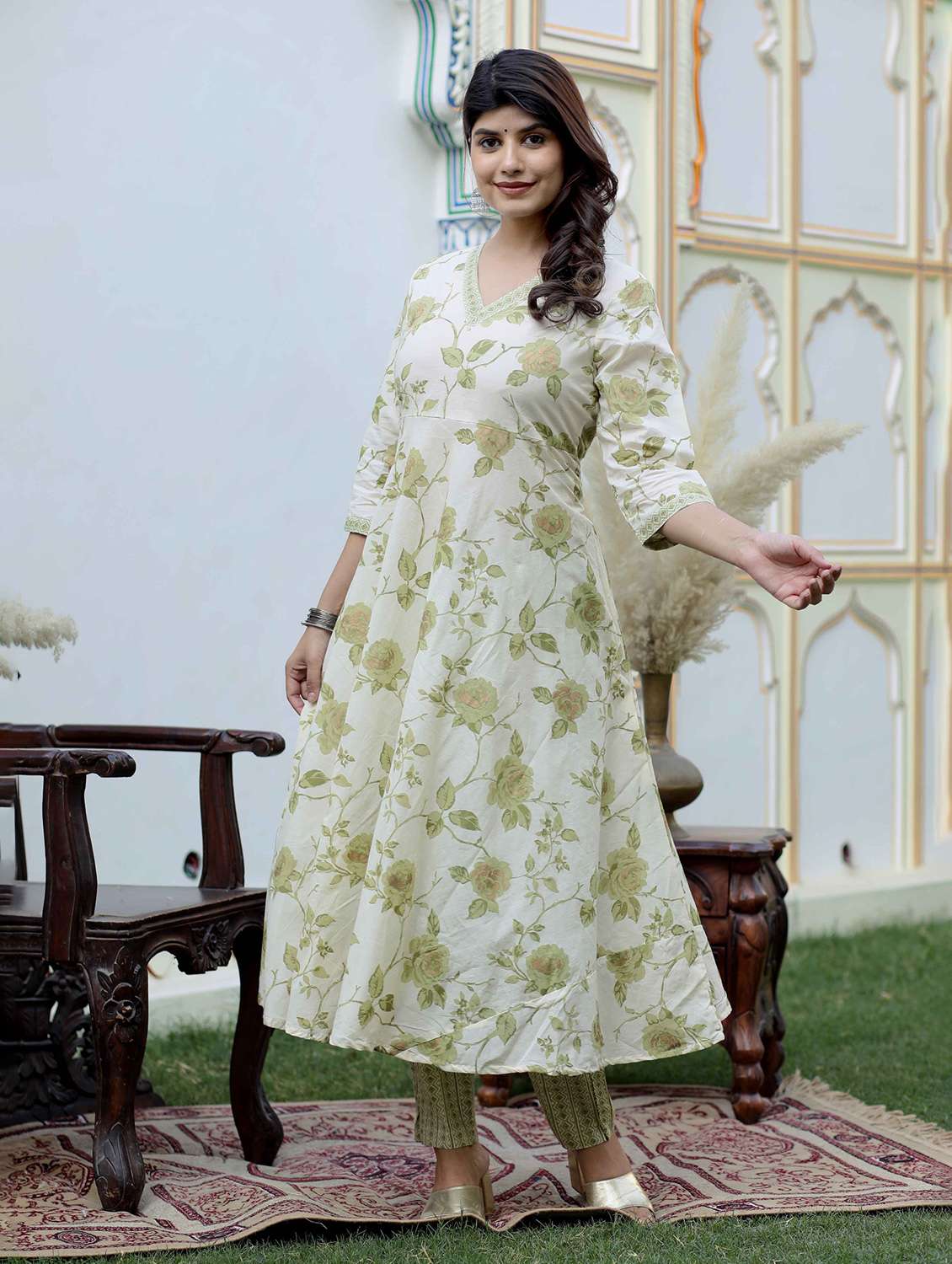women floral printed three quarter sleeve kurta pant set - 22285567 -  Standard Image - 1