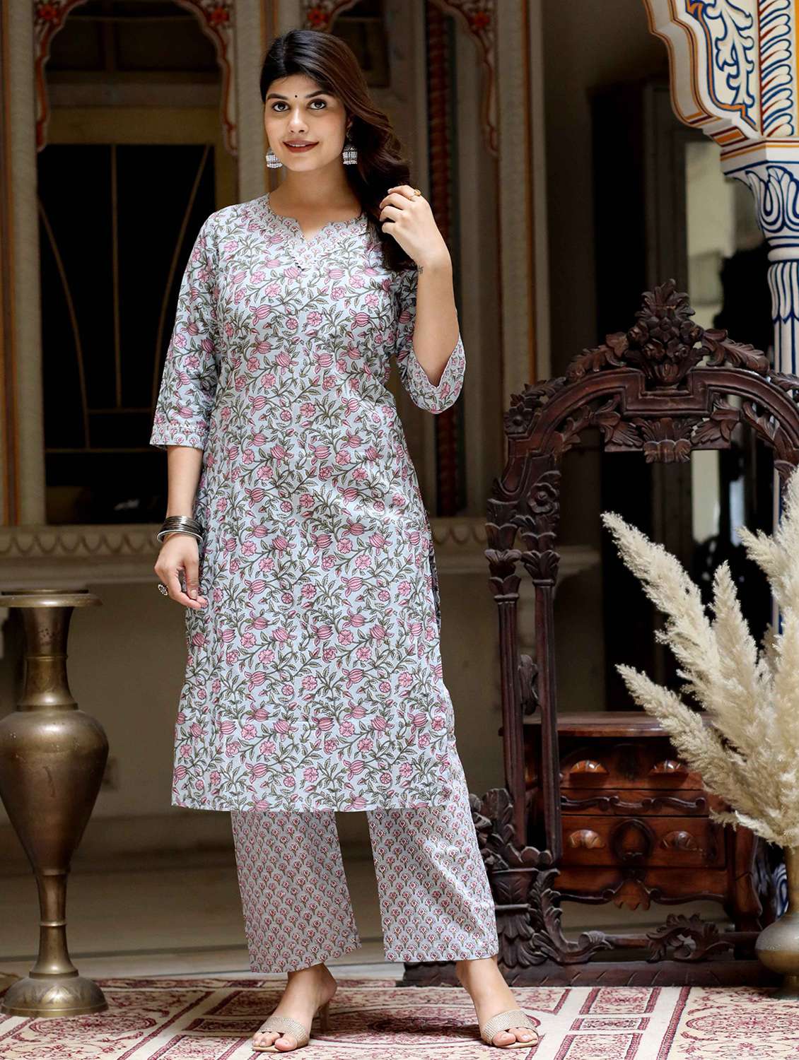 women floral printed three quarter sleeve kurta palazzo set - 22285573 -  Standard Image - 1