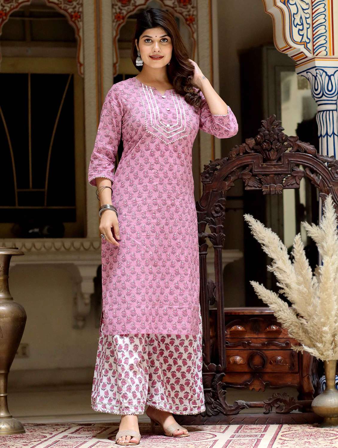 women floral printed three quarter sleeve kurta palazzo set - 22285575 -  Standard Image - 1