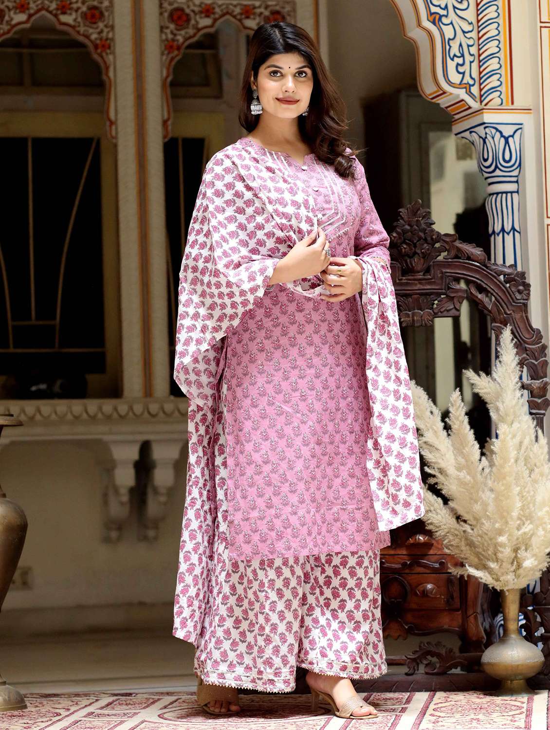 Women Printed Three Quarter Sleeve Kurta Palazzo With Dupatta Set - 22285576 -  Standard Image - 1