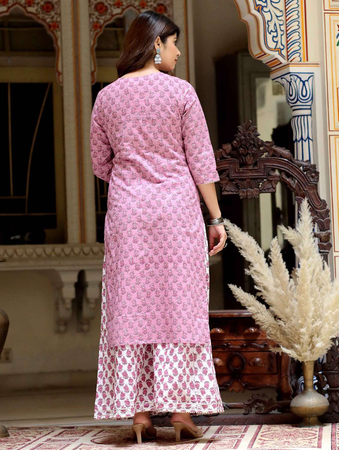 Women Printed Three Quarter Sleeve Kurta Palazzo With Dupatta Set - 22285576 -  Standard Image - 4