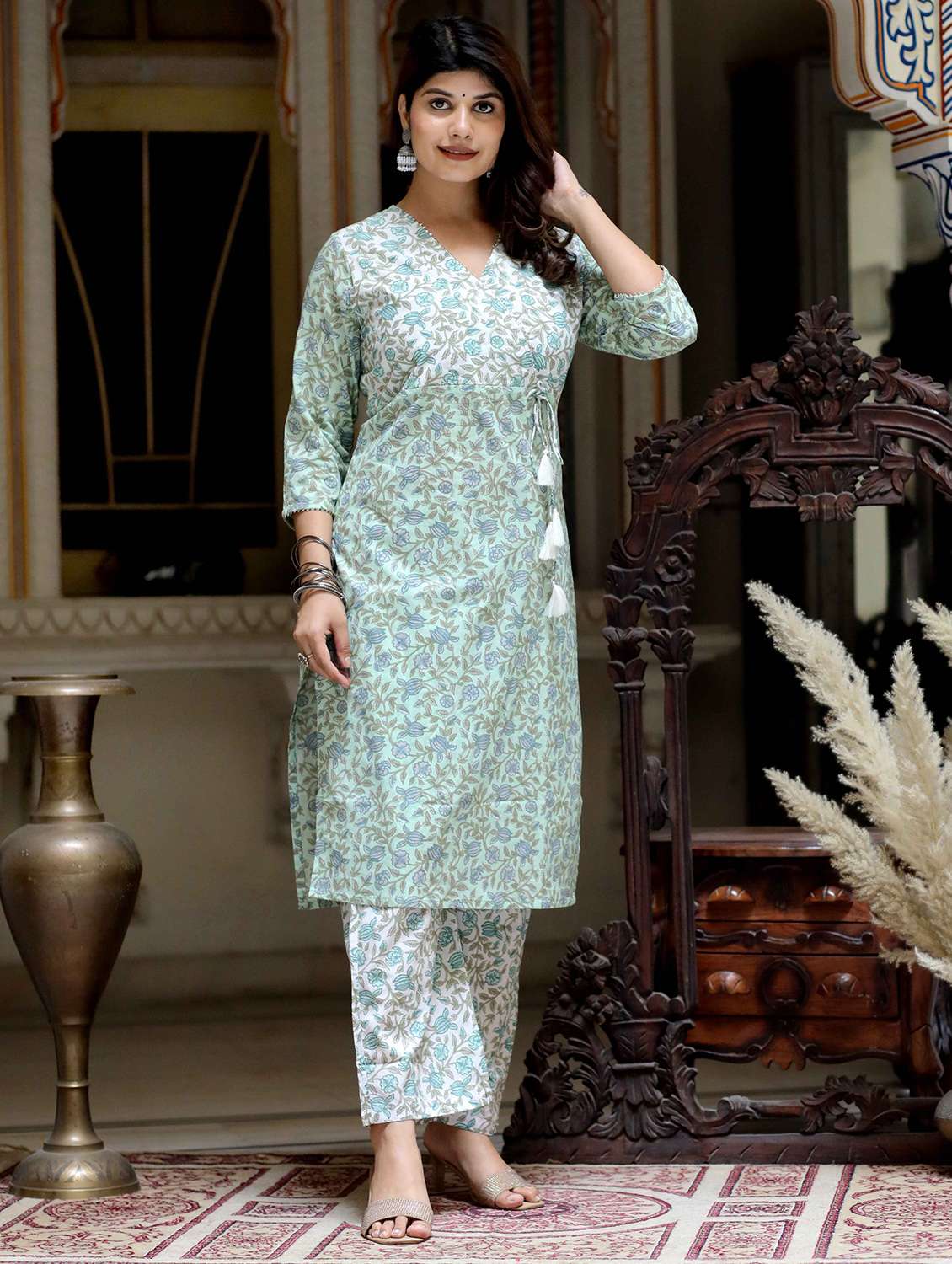 women floral printed three quarter sleeve kurta palazzo set - 22285577 -  Standard Image - 1