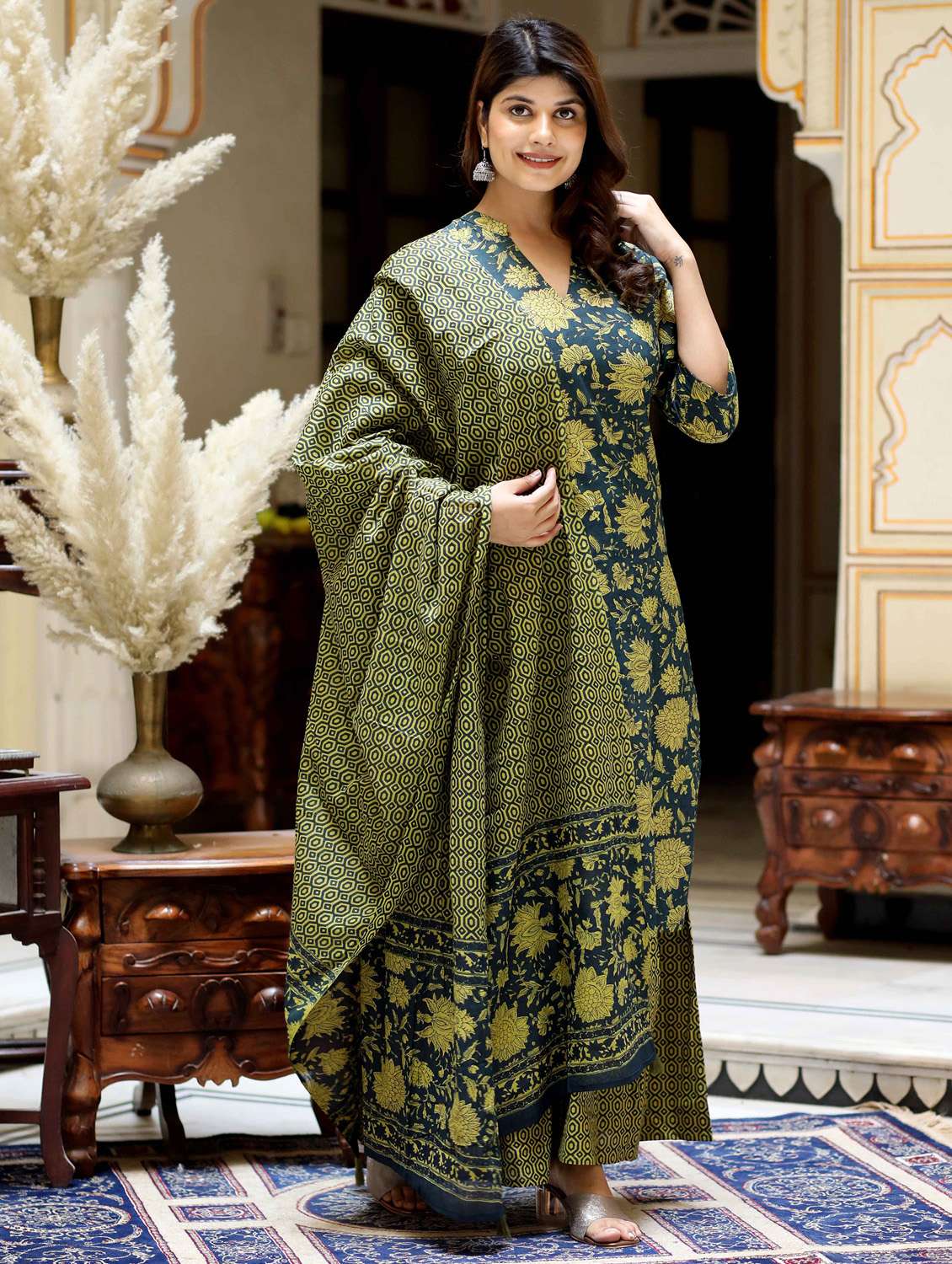 women printed three quarter sleeve kurta sharara with dupatta set