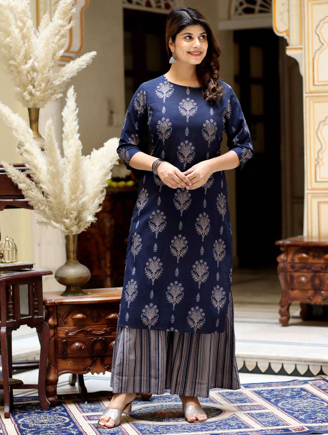 women floral printed three quarter sleeve kurta sharara set