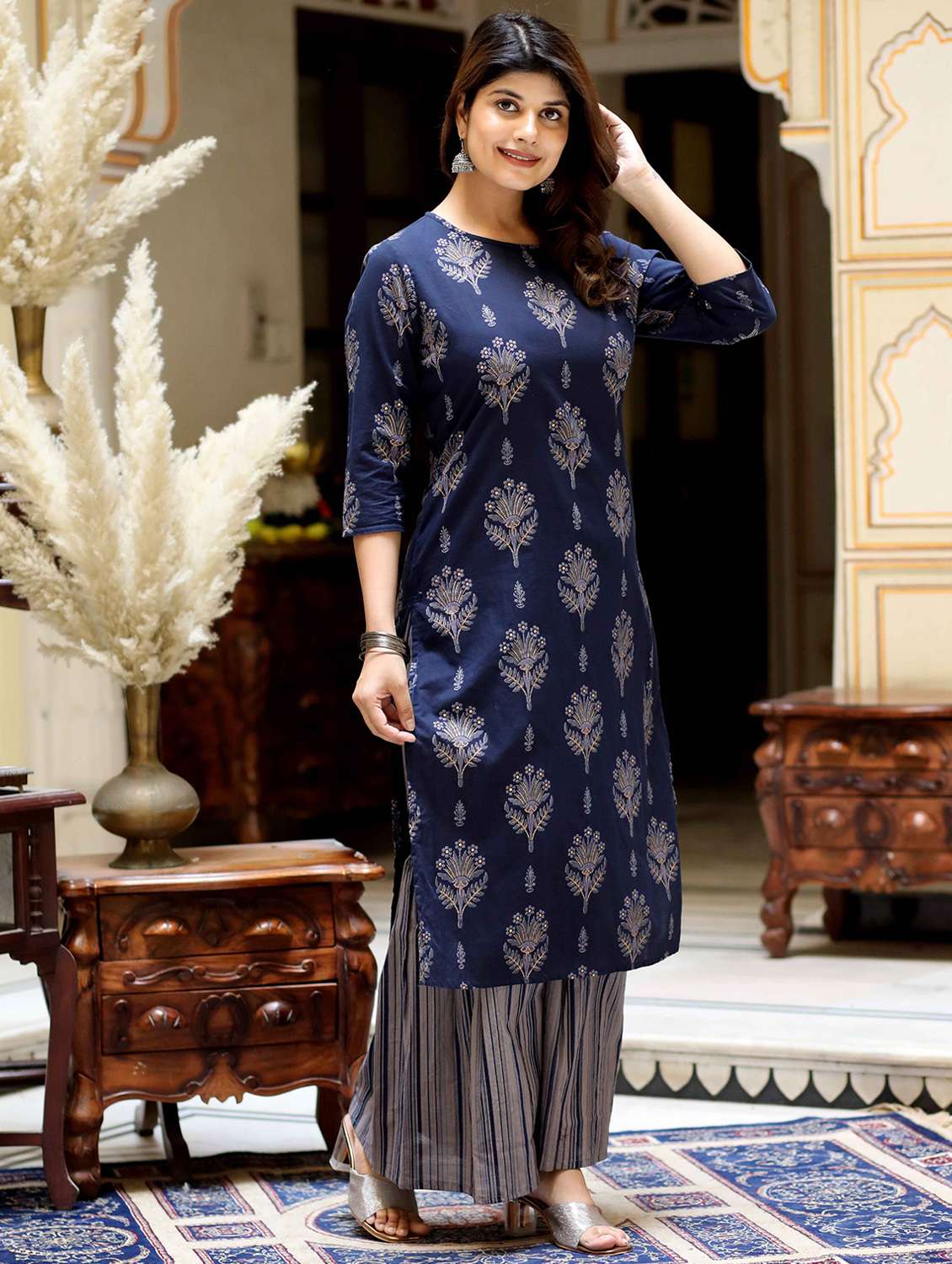 women floral printed three quarter sleeve kurta sharara set - 22285582 -  Standard Image - 1