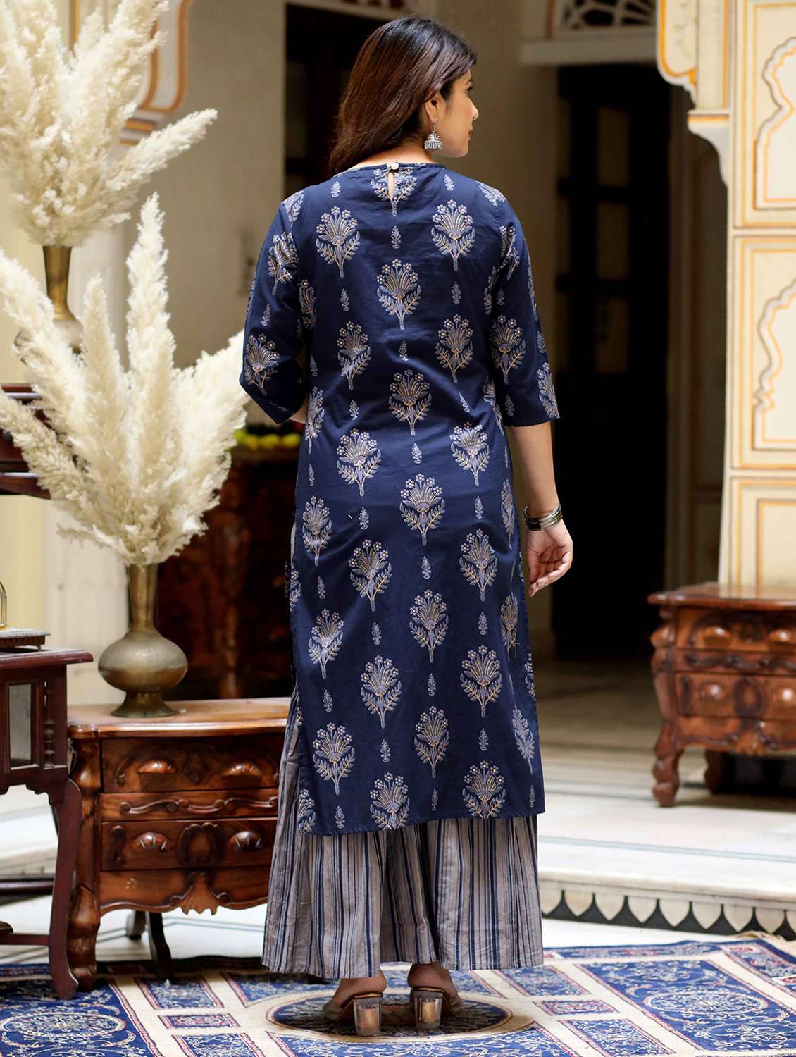 women floral printed three quarter sleeve kurta sharara set - 22285582 -  Standard Image - 4