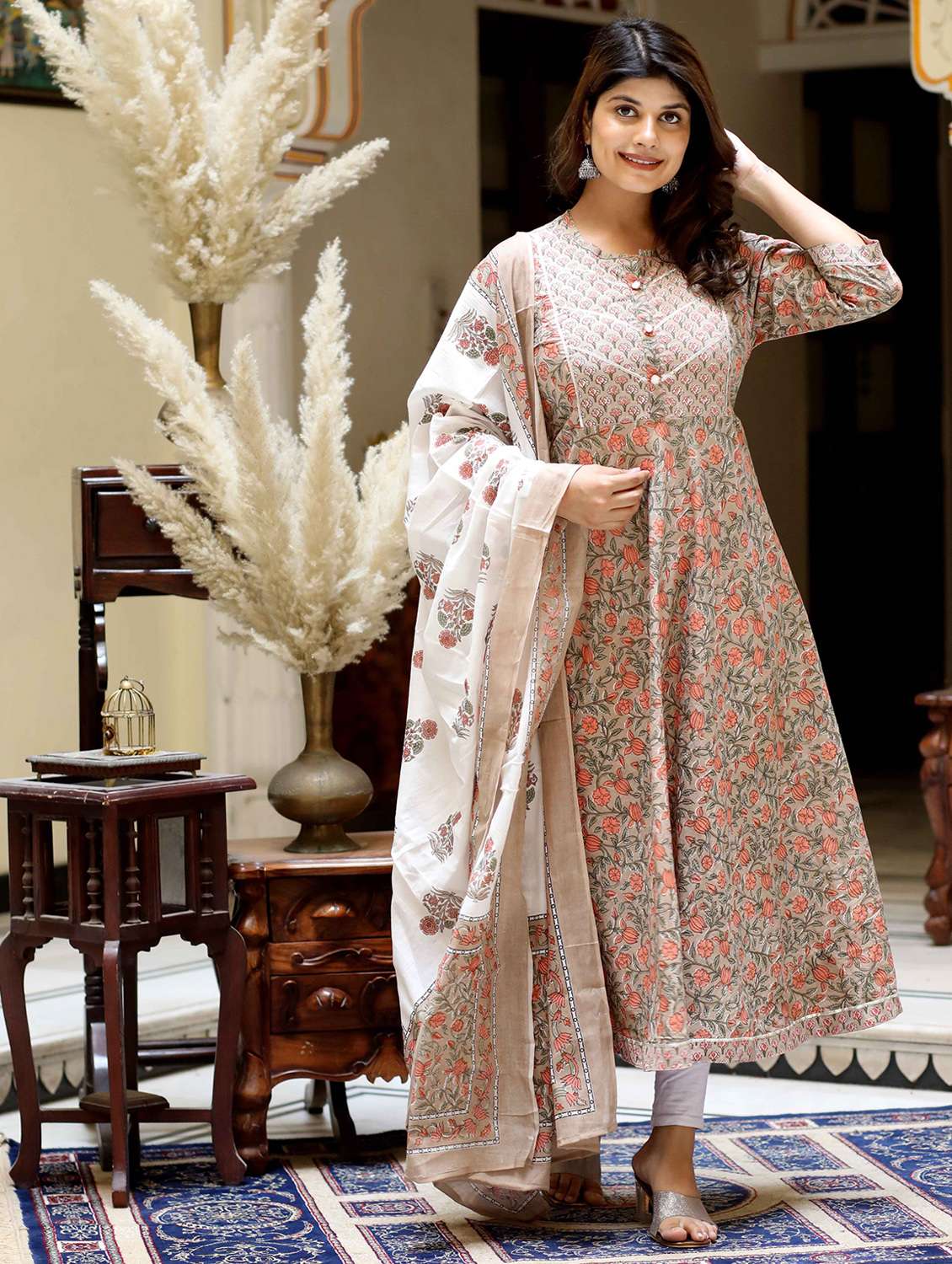 women printed three quarter sleeve kurta with dupatta set - 22285584 -  Standard Image - 1