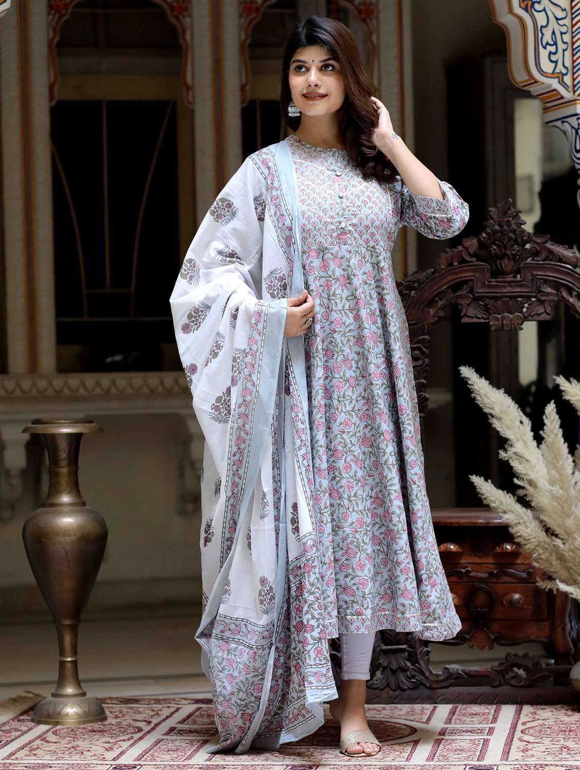 women printed three quarter sleeve kurta with dupatta set - 22285585 -  Standard Image - 1