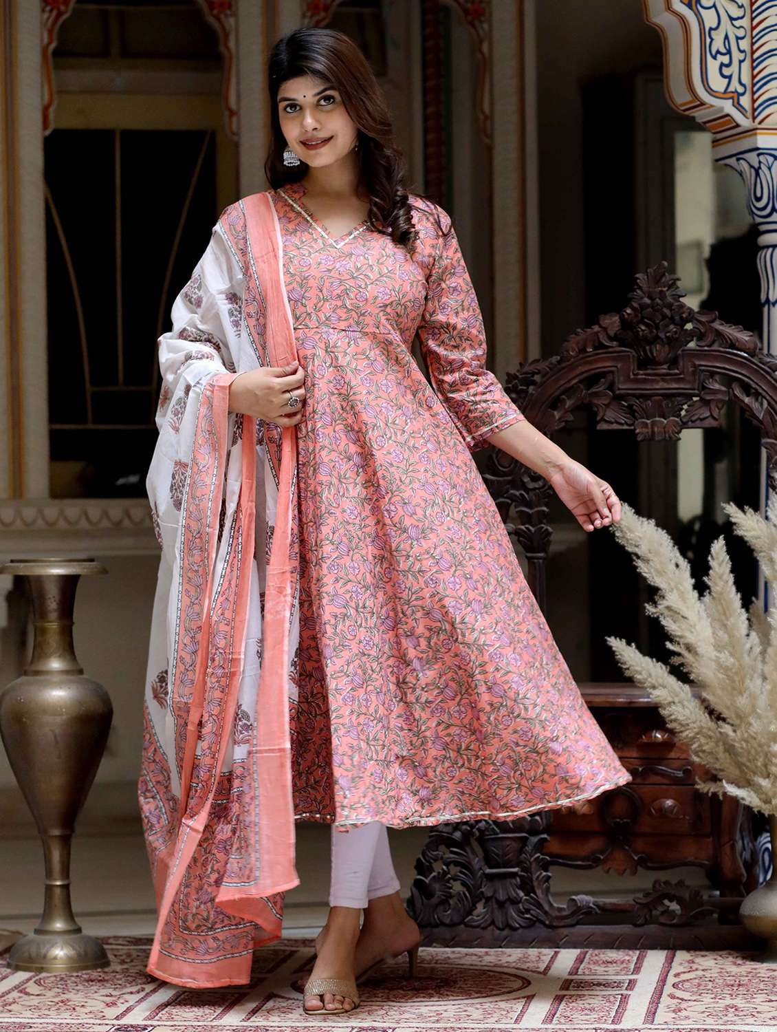 women printed three quarter sleeve kurta with dupatta set - 22285587 -  Standard Image - 1