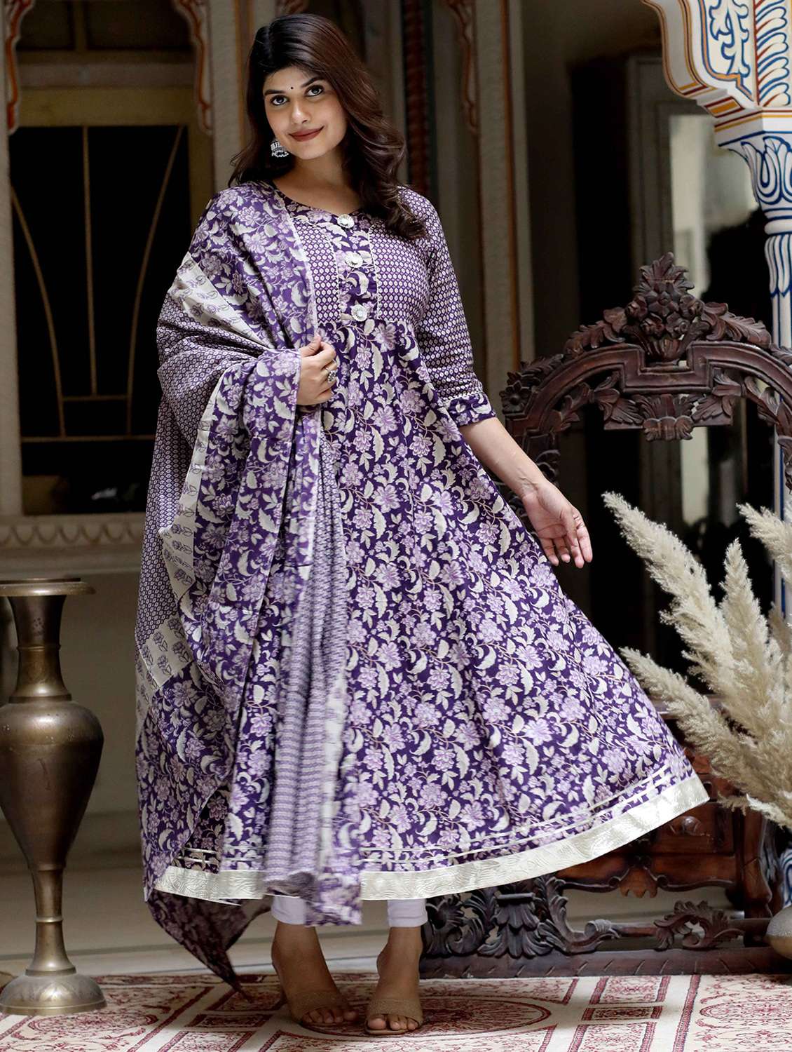 women printed three quarter sleeve kurta with dupatta set - 22285596 -  Standard Image - 1