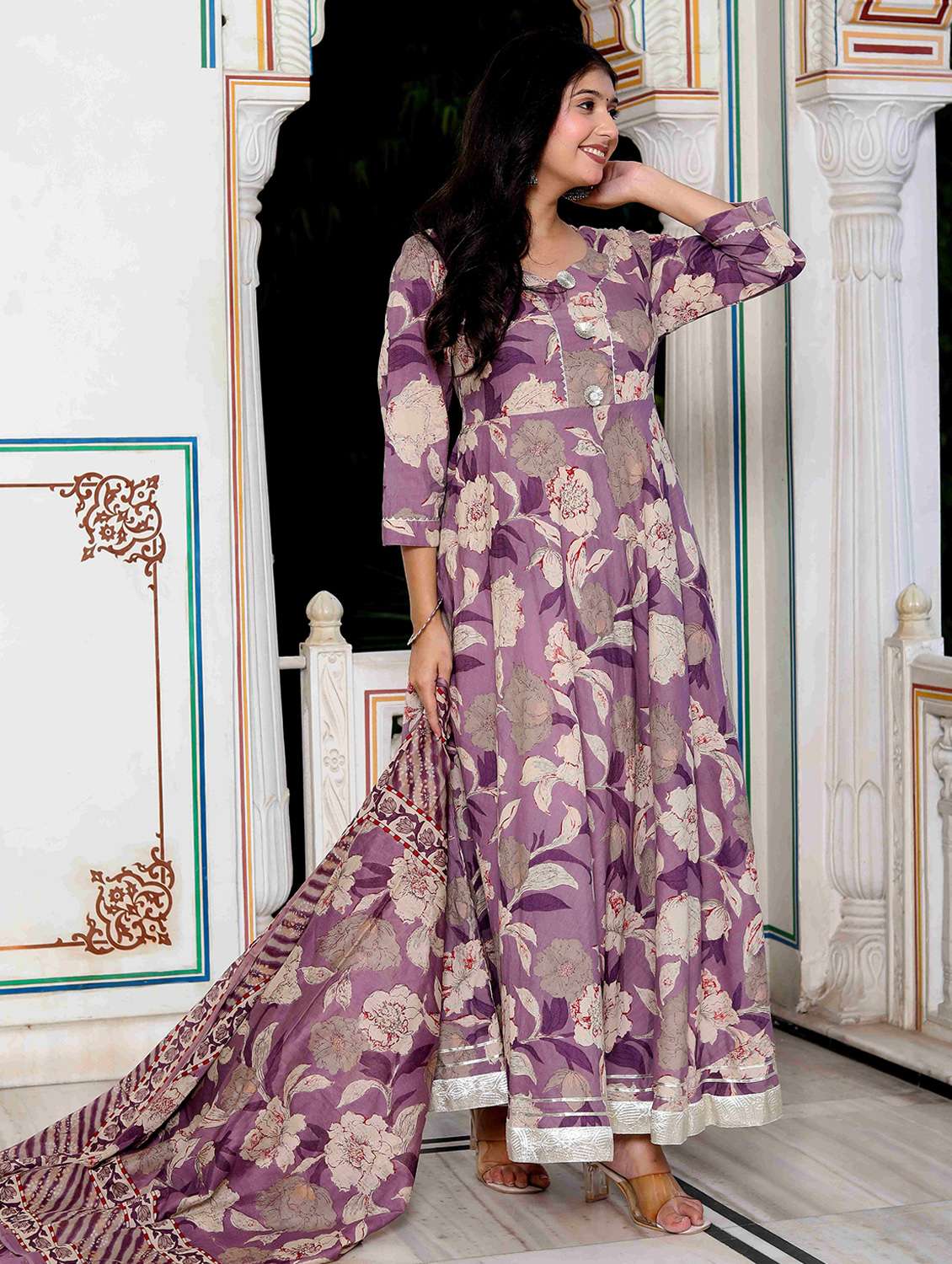 women printed three quarter sleeve kurta with dupatta set - 22285597 -  Standard Image - 1