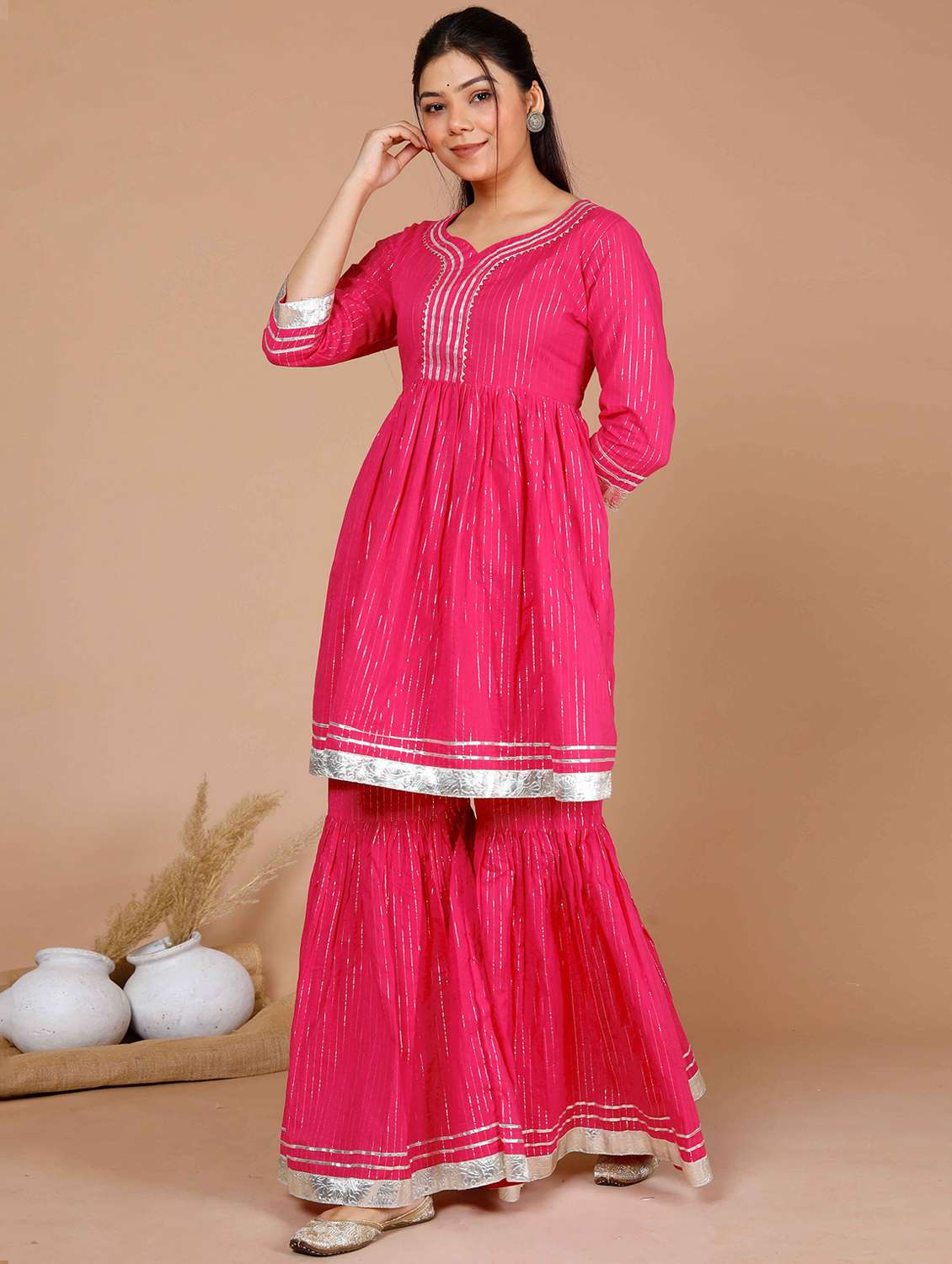 women striped three quarter sleeve kurta sharara set - 22285611 -  Standard Image - 1