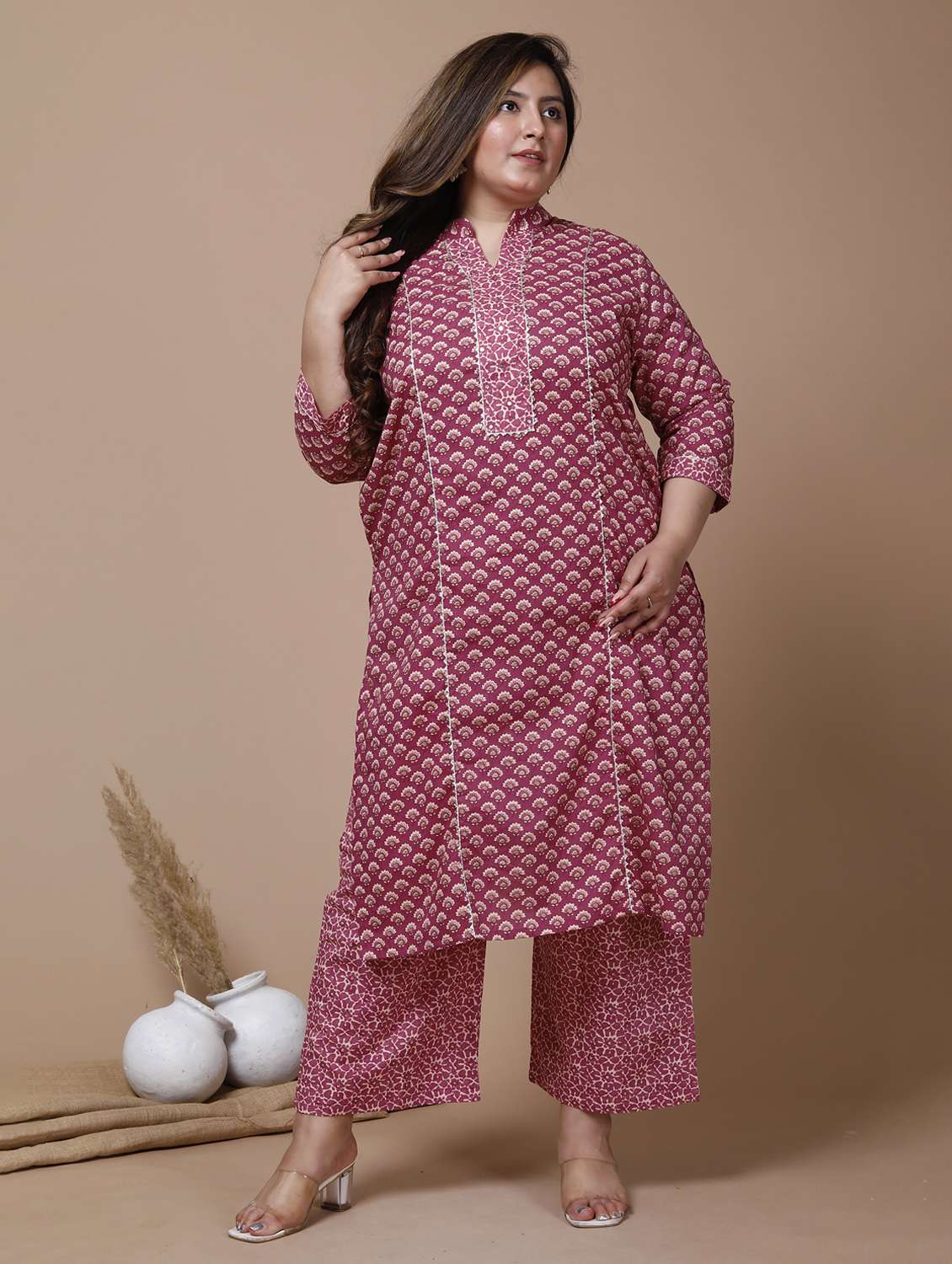 women plus size floral three quarter sleeve kurta palazzo set