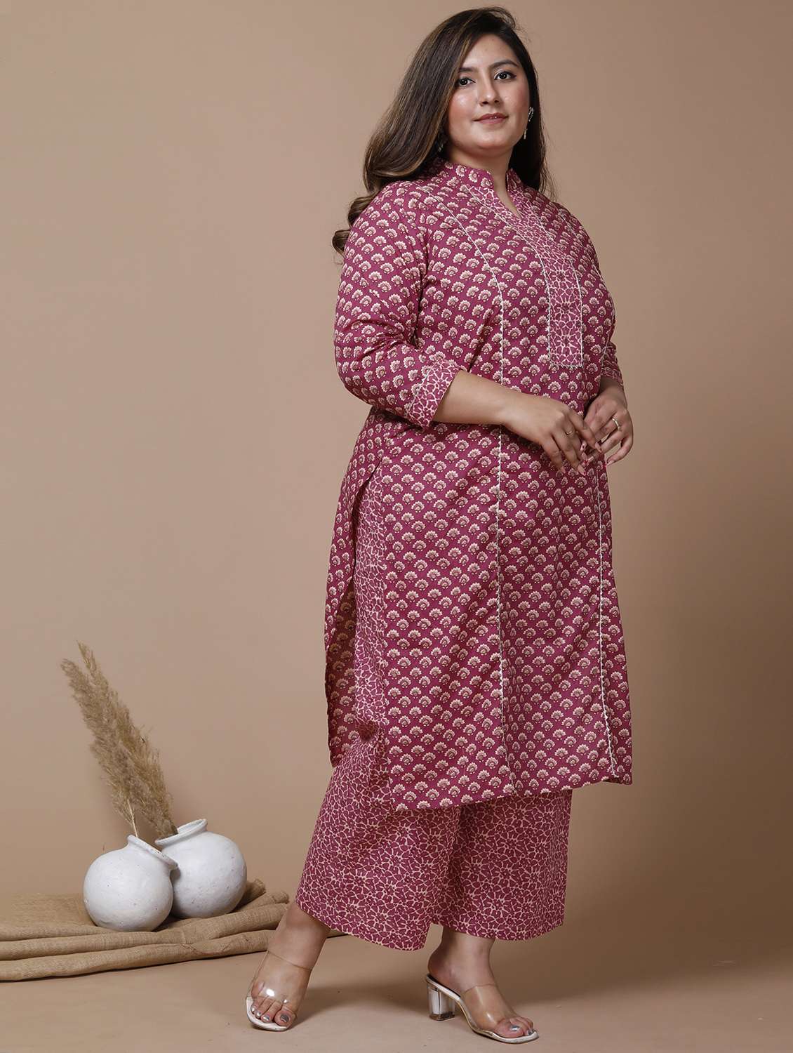 women plus size floral three quarter sleeve kurta palazzo set - 22285627 -  Standard Image - 1
