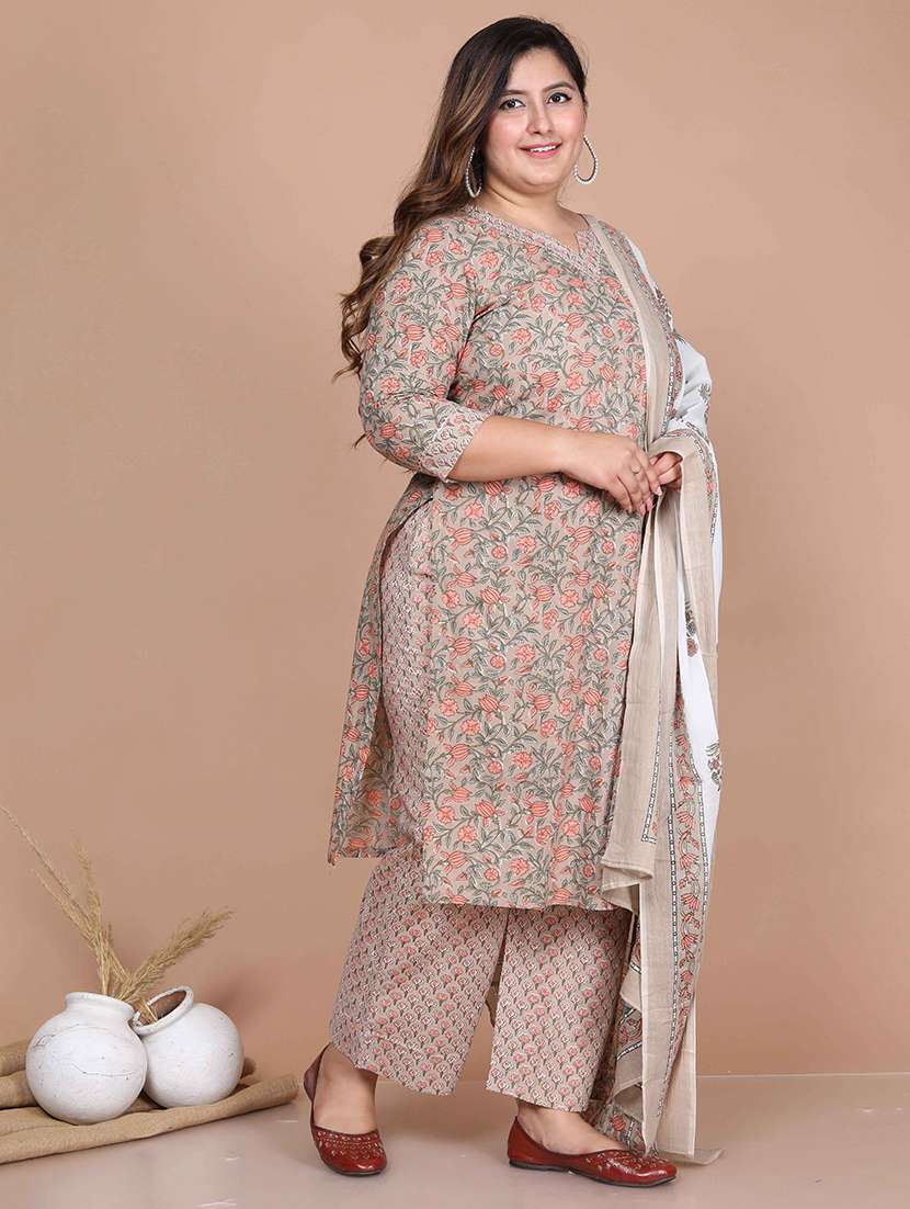 women plus size floral three quarter sleeve kurta palazzo with dupatta set - 22285630 -  Standard Image - 1