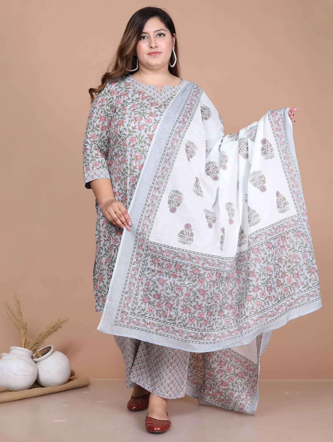 women plus size floral three quarter sleeve kurta palazzo with dupatta set