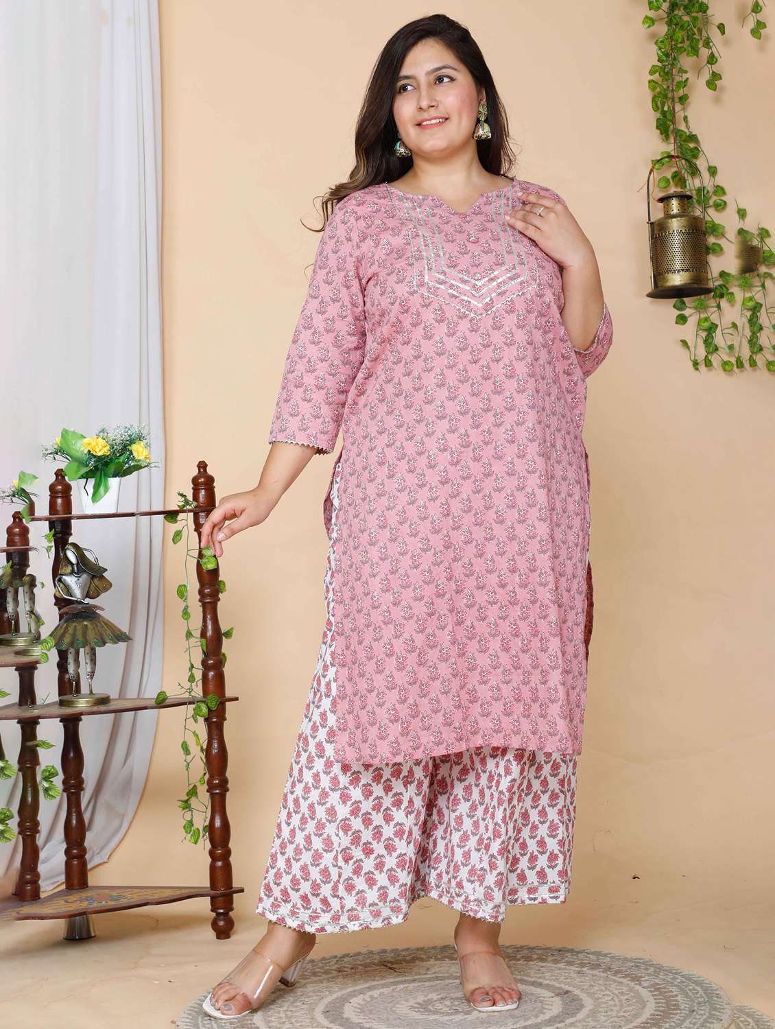 women plus size floral three quarter sleeve kurta palazzo set