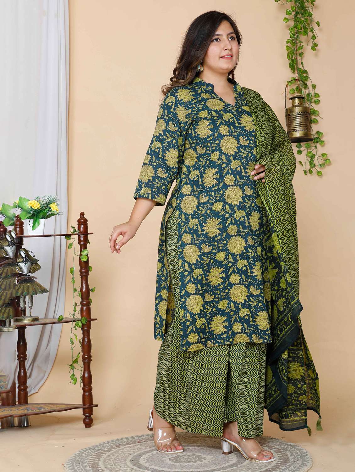 women plus size floral three quarter sleeve kurta sharara with dupatta set - 22285639 -  Standard Image - 1