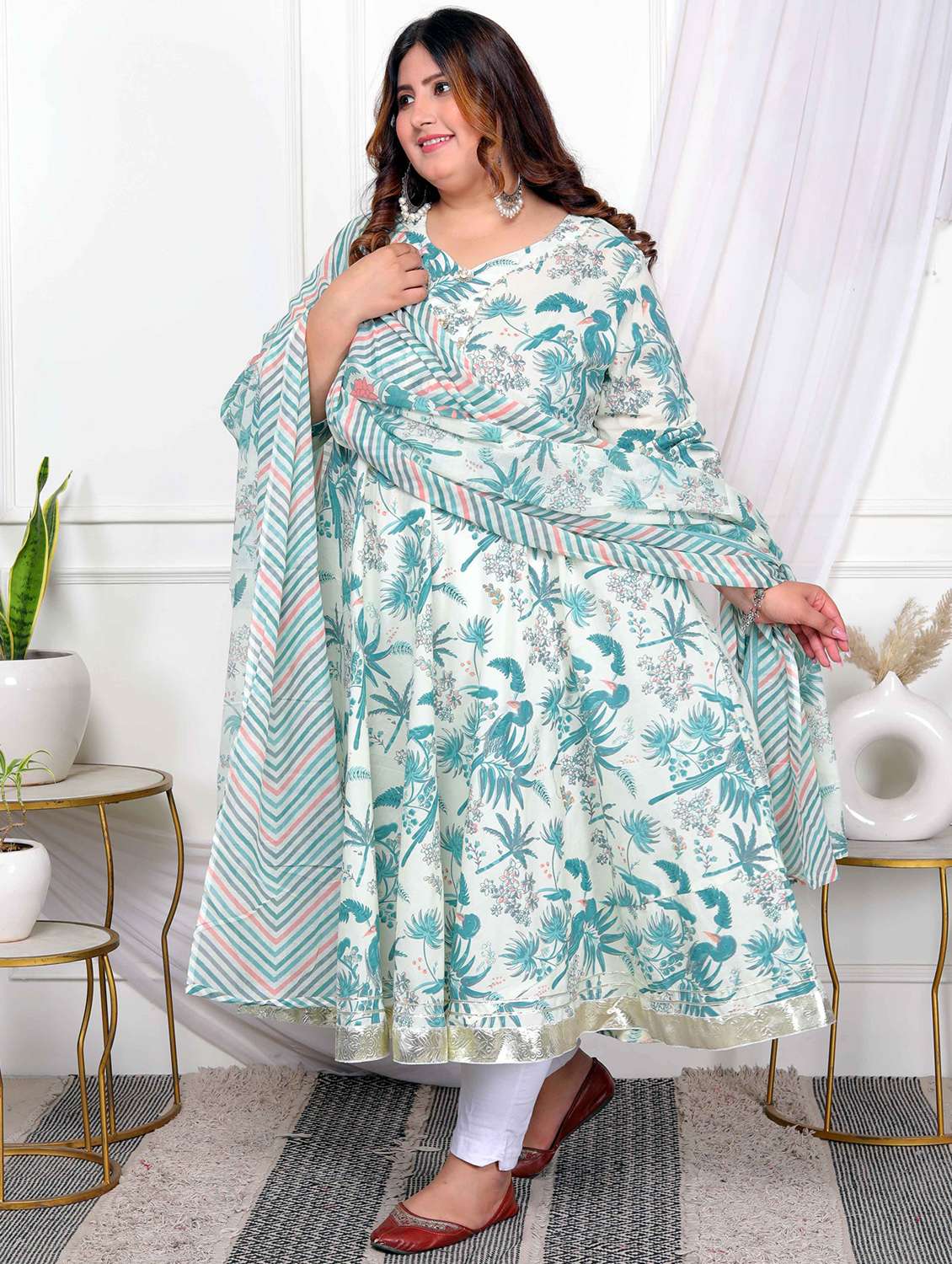 women plus size floral three quarter sleeve kurta with dupatta set - 22285651 -  Standard Image - 1
