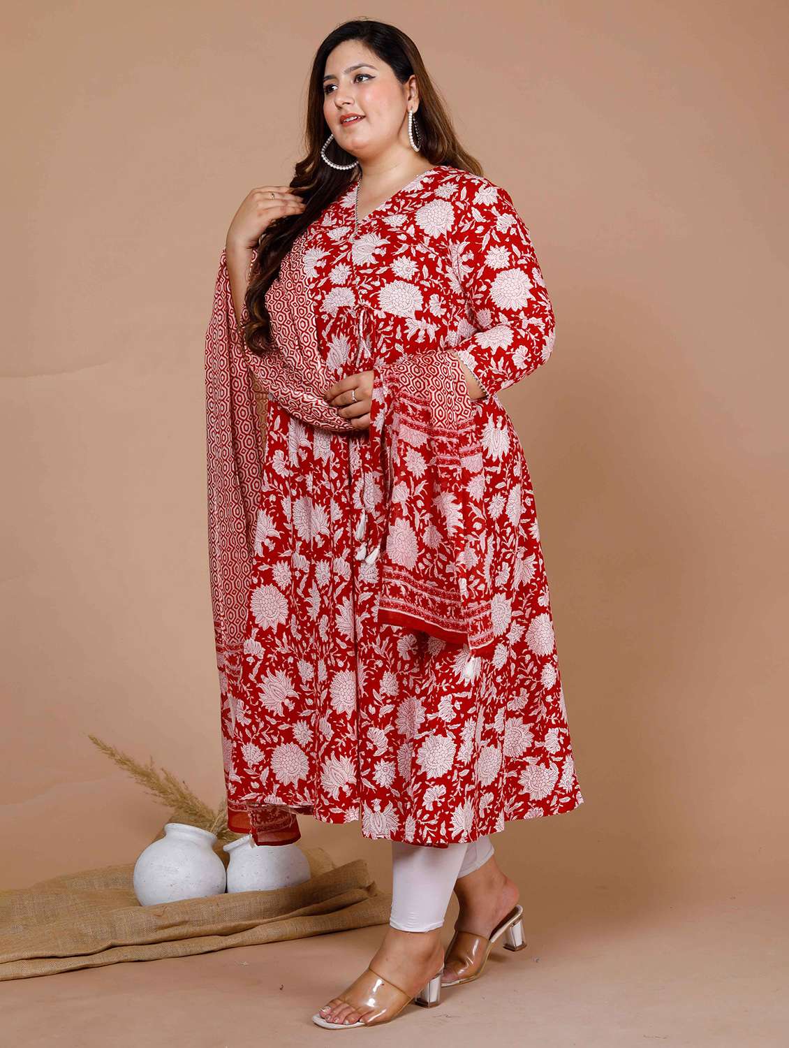 women plus size floral three quarter sleeve kurta with dupatta set - 22285660 -  Standard Image - 1