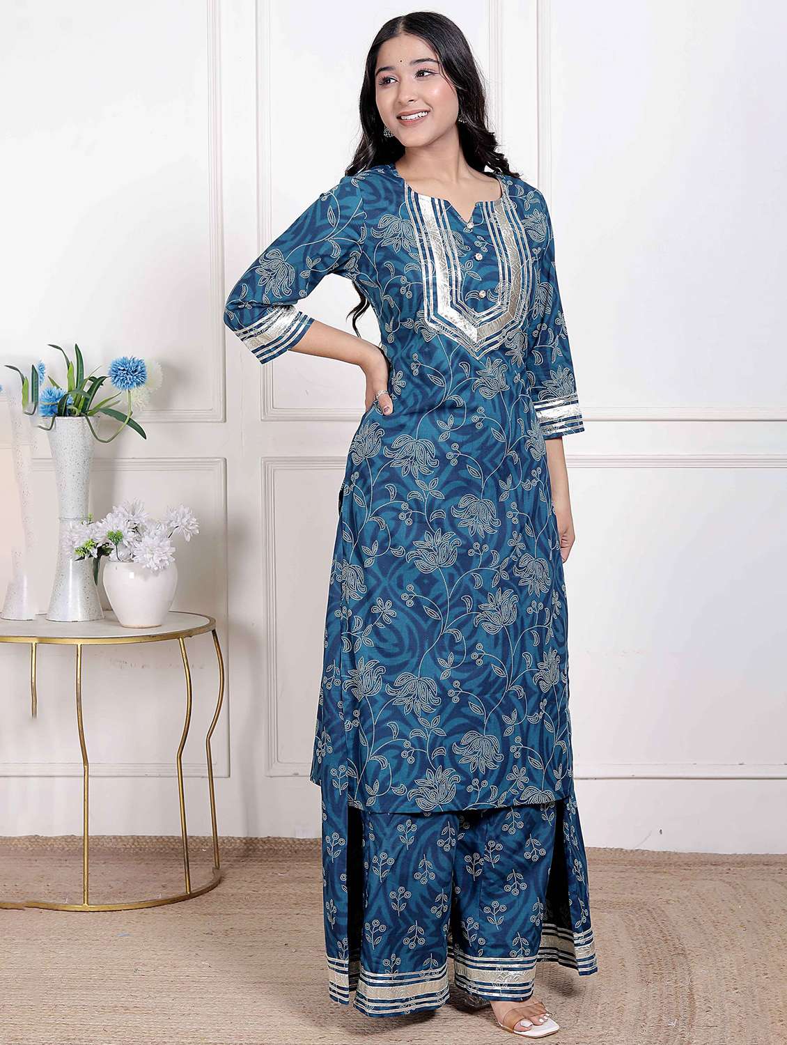 women floral three quarter sleeve kurta palazzo set - 22285667 -  Standard Image - 1
