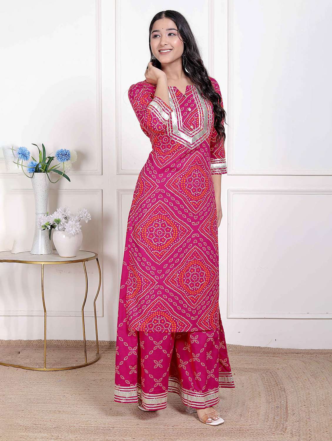 women bandhani three quarter sleeve kurta palazzo set - 22285668 -  Standard Image - 1