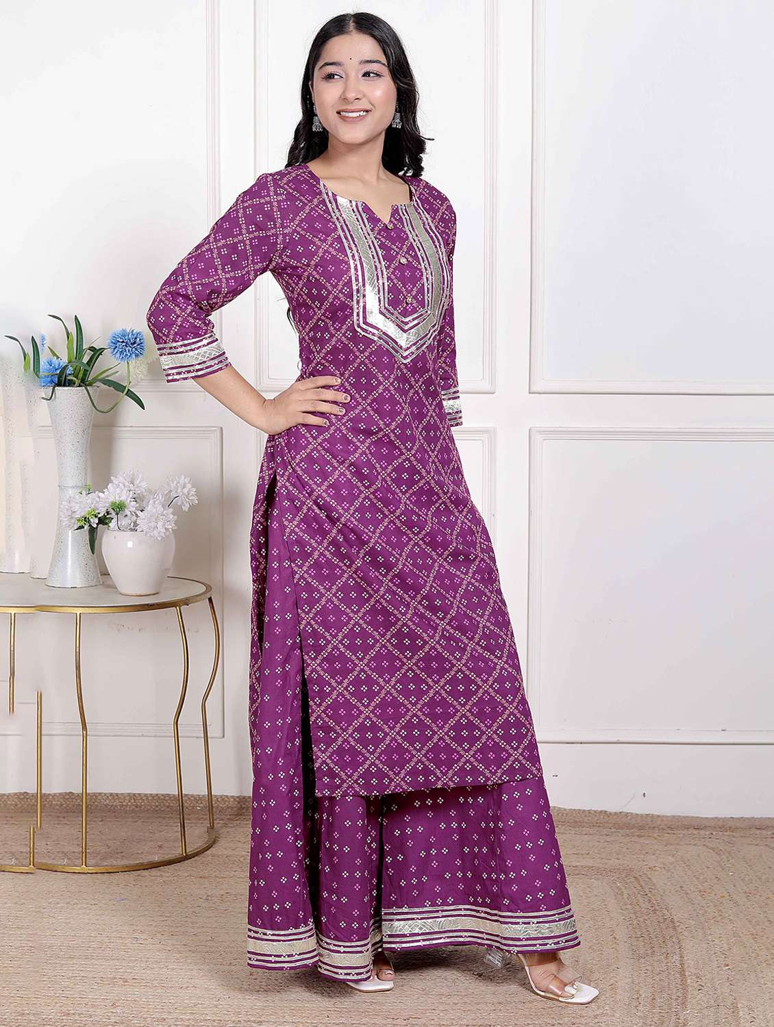 women bandhani three quarter sleeve kurta palazzo set - 22285669 -  Standard Image - 1