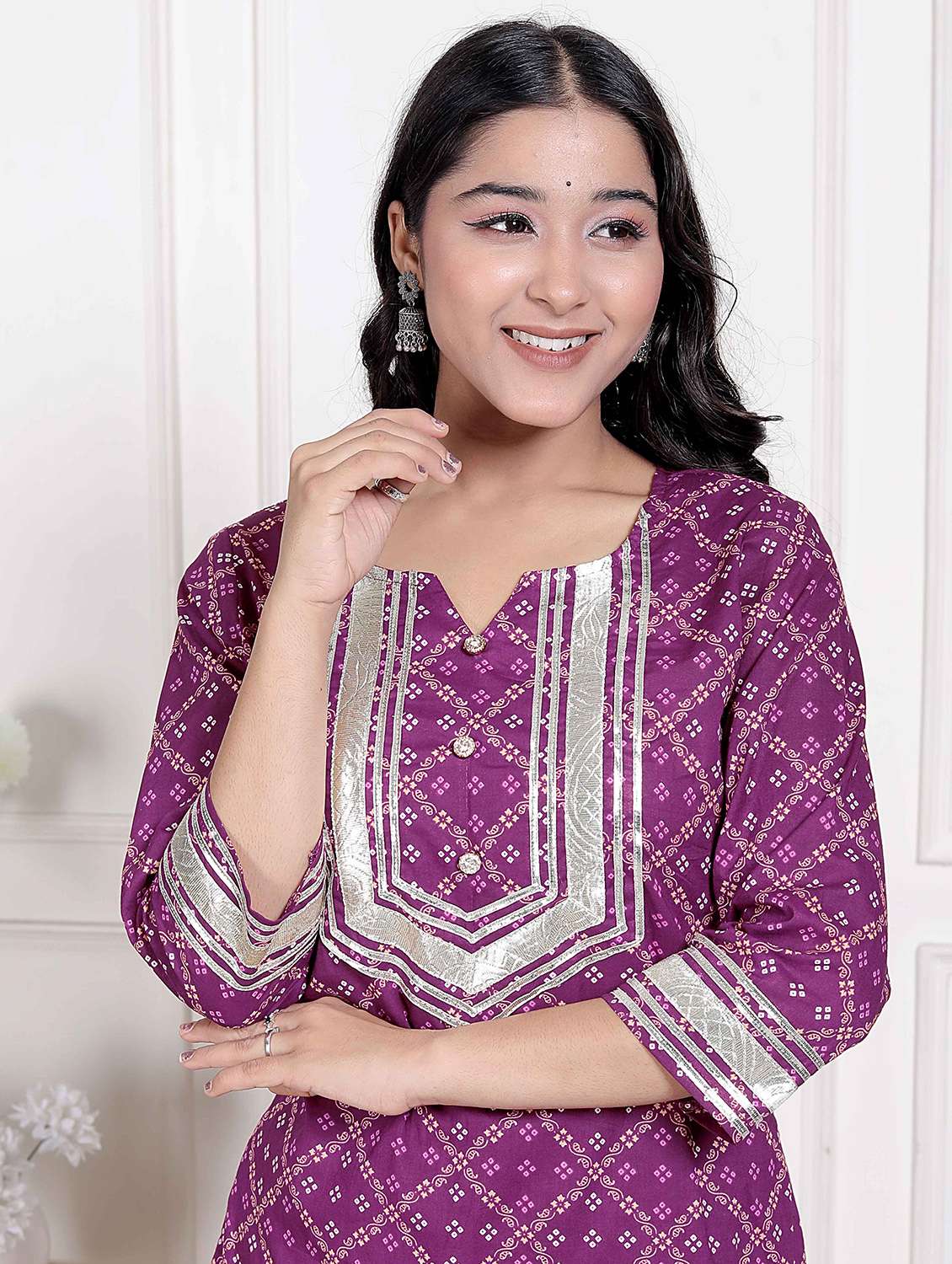 women bandhani three quarter sleeve kurta palazzo set - 22285669 -  Standard Image - 4