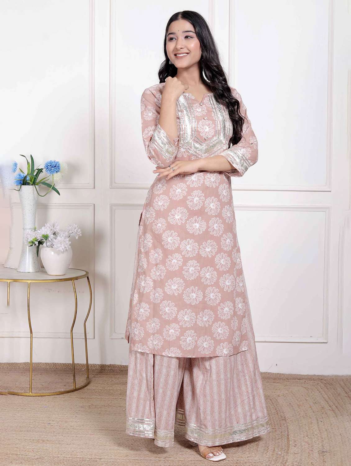 women floral three quarter sleeve kurta palazzo set - 22285670 -  Standard Image - 1