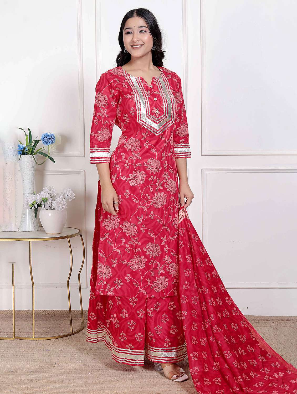 women floral three quarter sleeve kurta palazzo with dupatta set - 22285672 -  Standard Image - 1