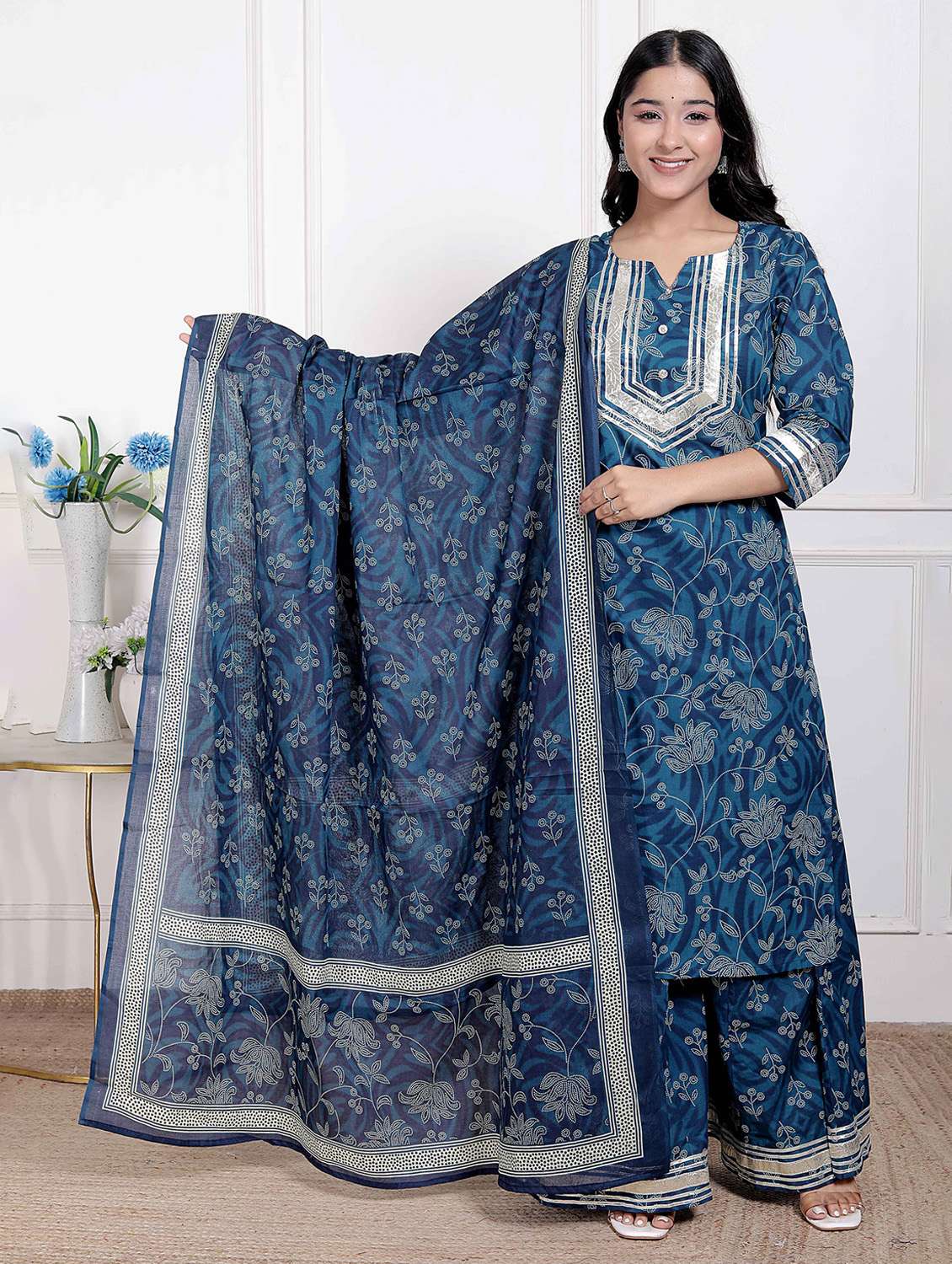 women floral three quarter sleeve kurta palazzo with dupatta set