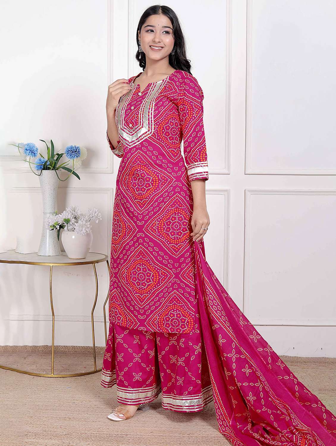 women bandhani three quarter sleeve kurta palazzo with dupatta set - 22285674 -  Standard Image - 1