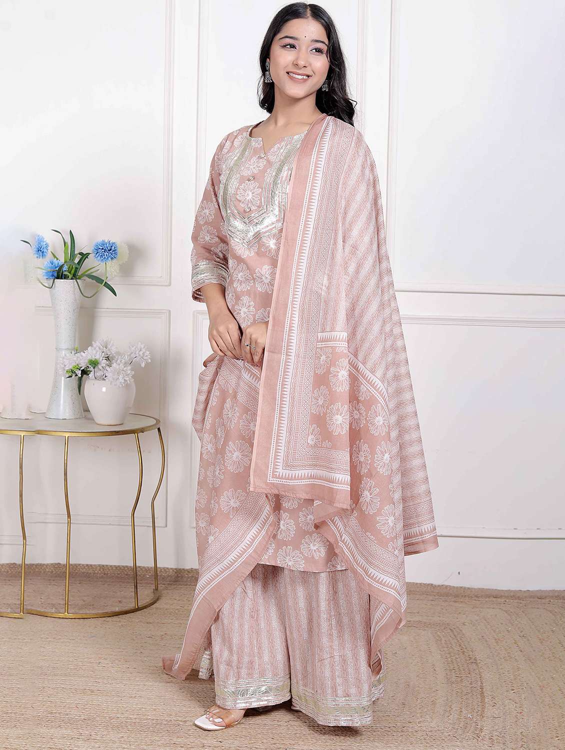 women floral three quarter sleeve kurta palazzo with dupatta set - 22285676 -  Standard Image - 1