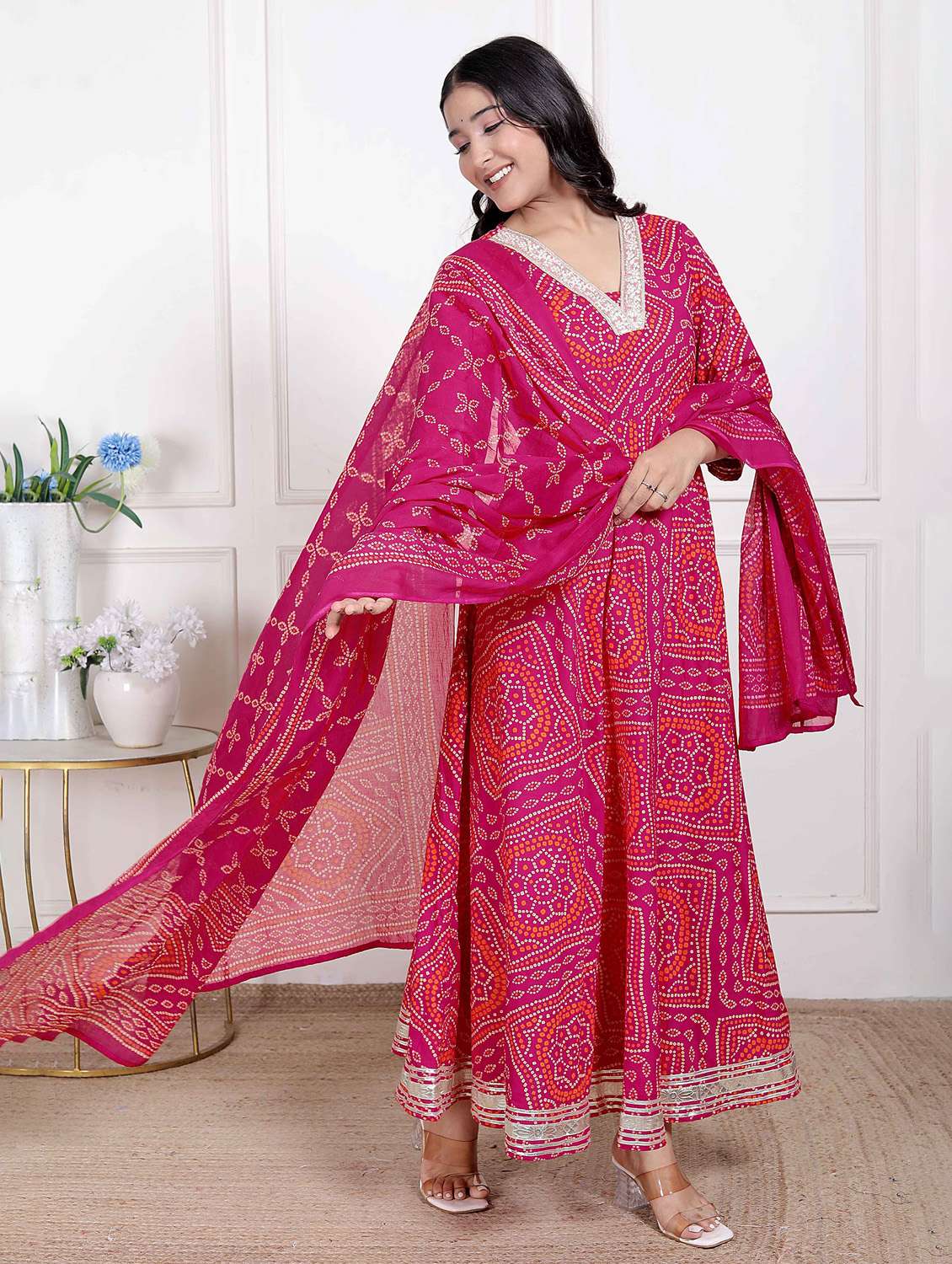 women bandhani three quarter sleeve kurta with dupatta set - 22285681 -  Standard Image - 1