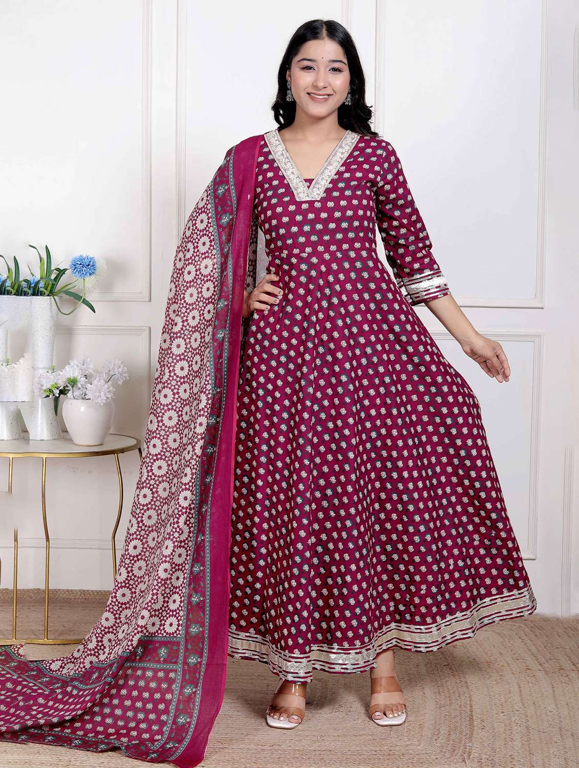 Women Floral Three Quarter Sleeve Kurta With Dupatta Set - 22285683 -  Standard Image - 1
