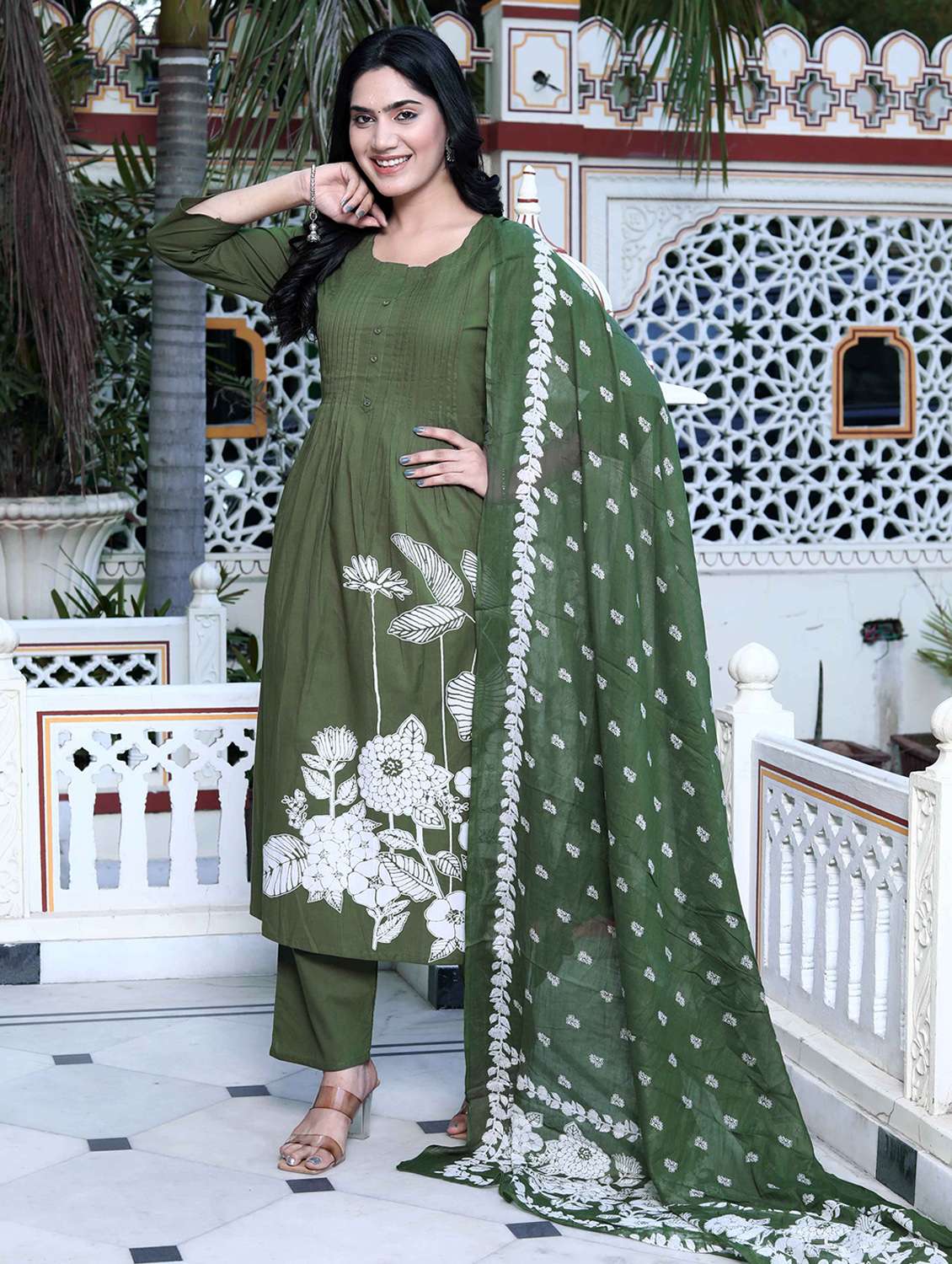 women floral three quarter sleeve kurta pant with dupatta set - 22285689 -  Standard Image - 1