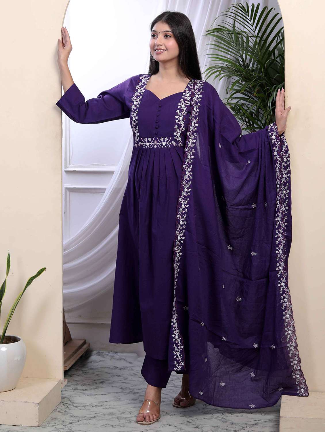 women solid with work three quarter sleeve kurta pant with dupatta set - 22285691 -  Standard Image - 1