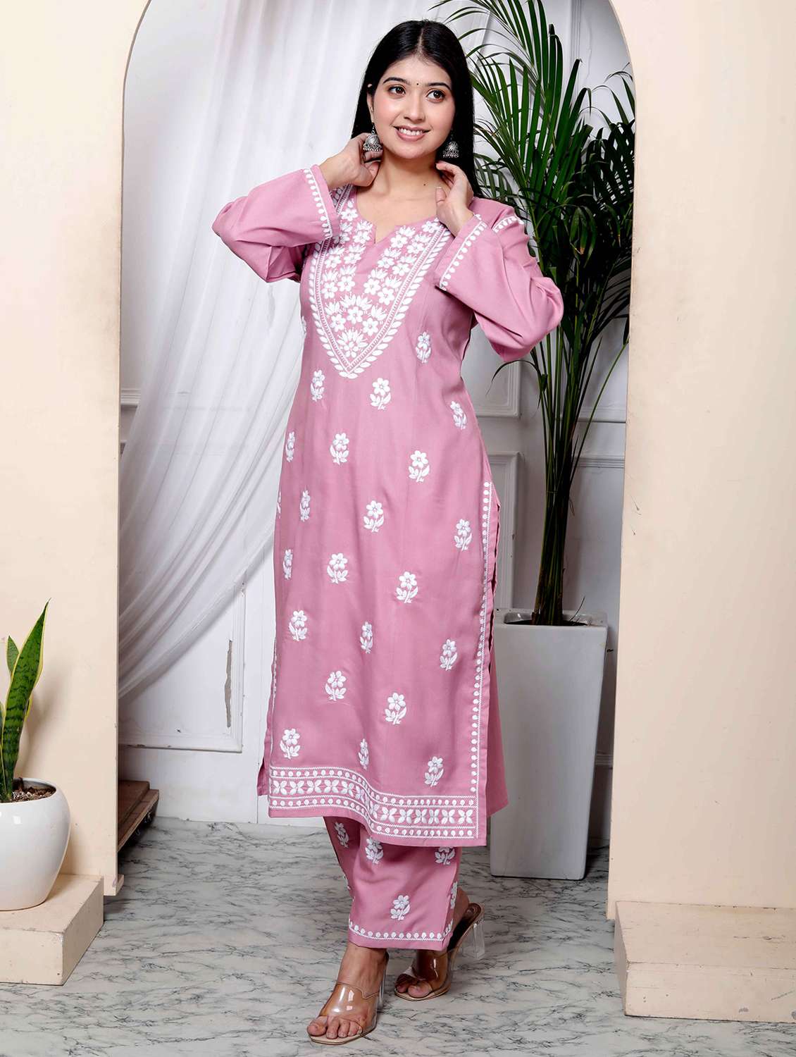 women solid with work long sleeve kurta pant set - 22285692 -  Standard Image - 1