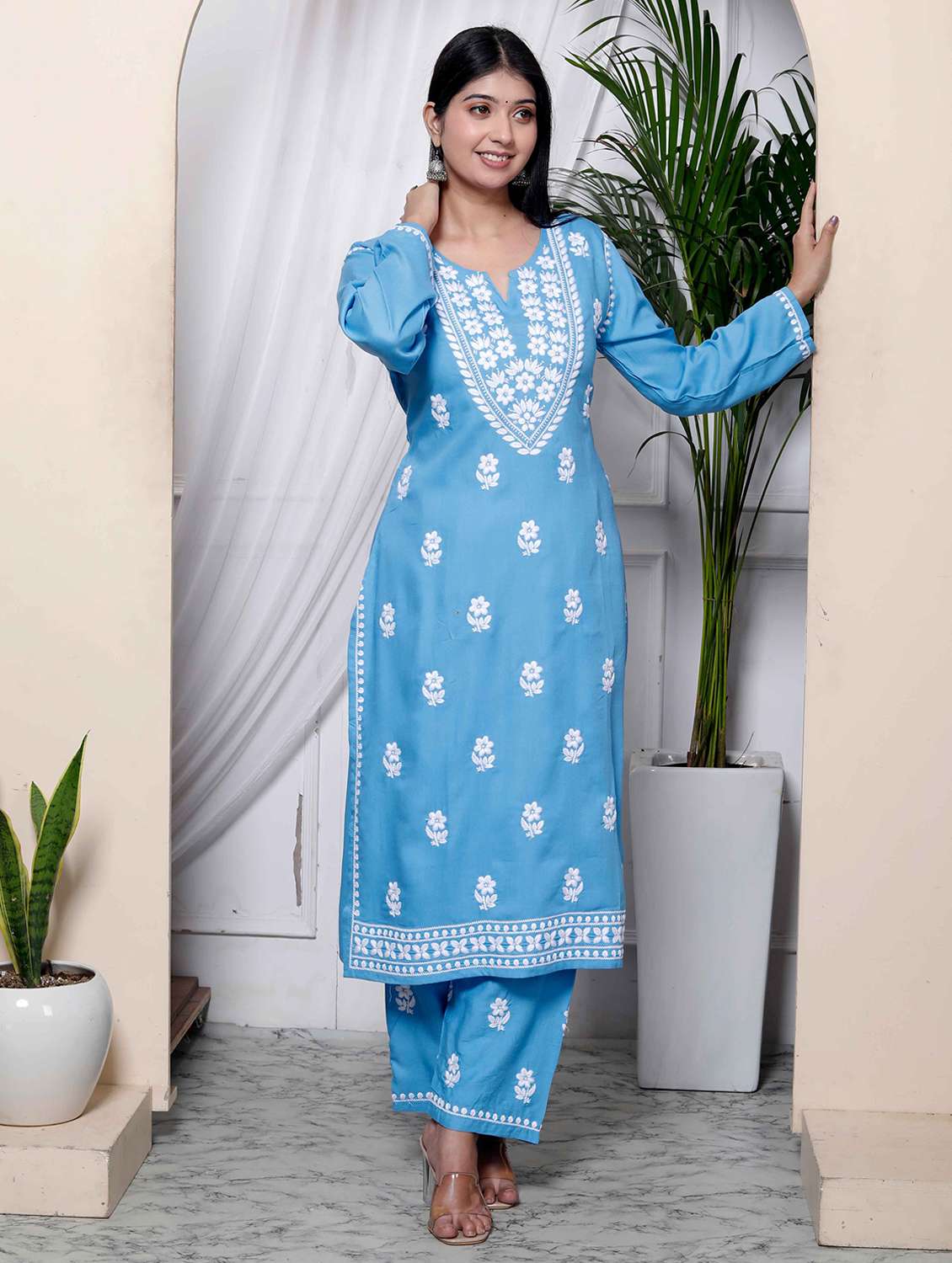 women solid with work long sleeve kurta pant set - 22285693 -  Standard Image - 1