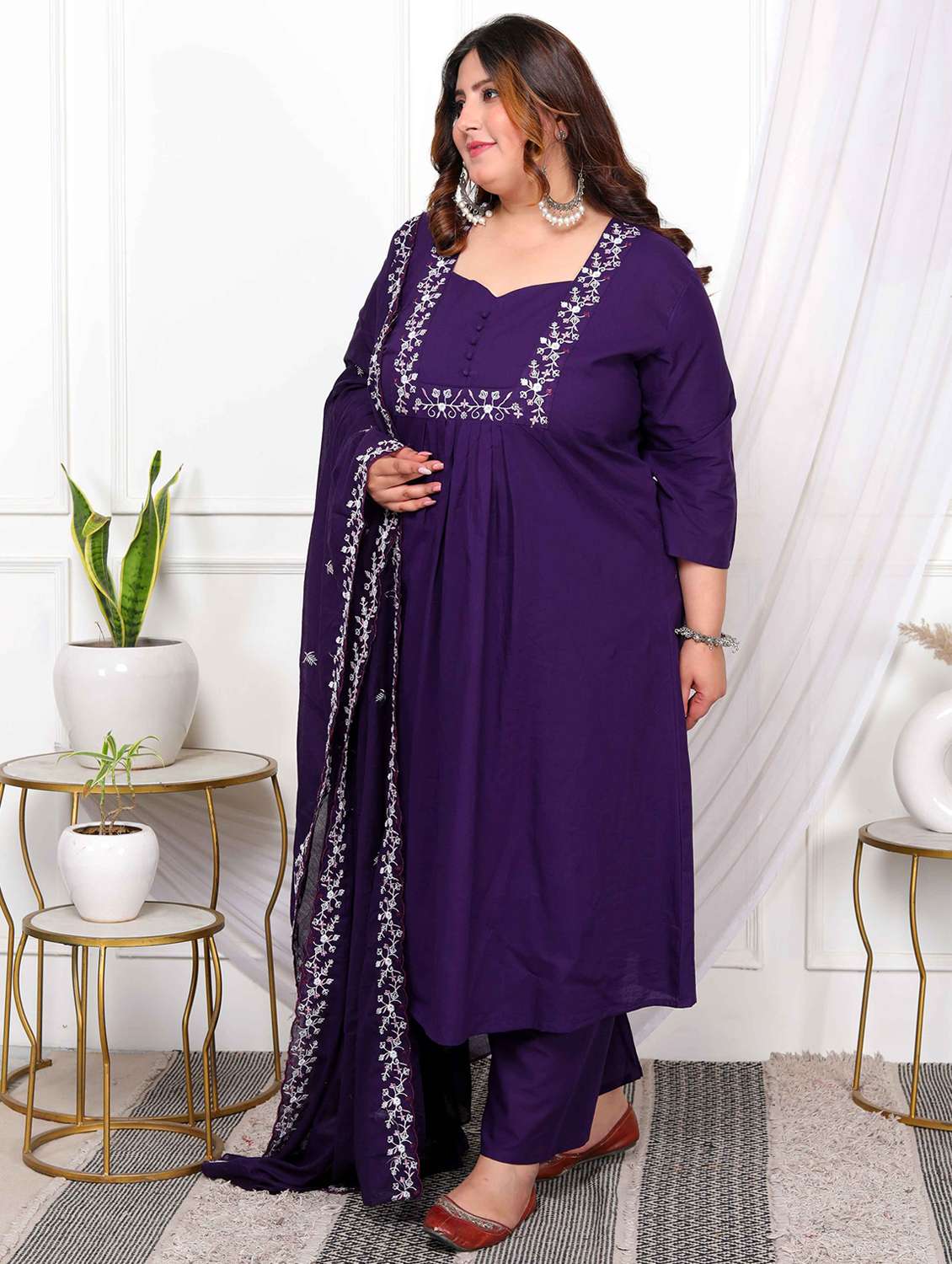 women plus size solid with work three quarter sleeve kurta pant with dupatta - 22285699 -  Standard Image - 1