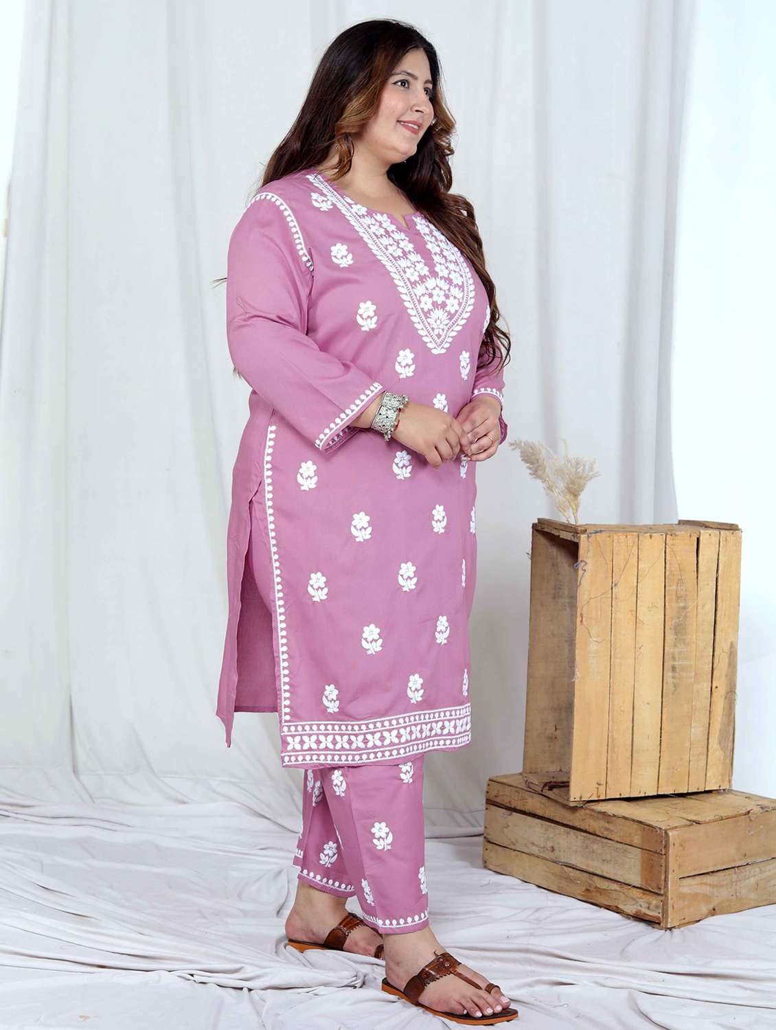 women plus size solid with work long sleeve kurta pant set - 22285700 -  Standard Image - 1