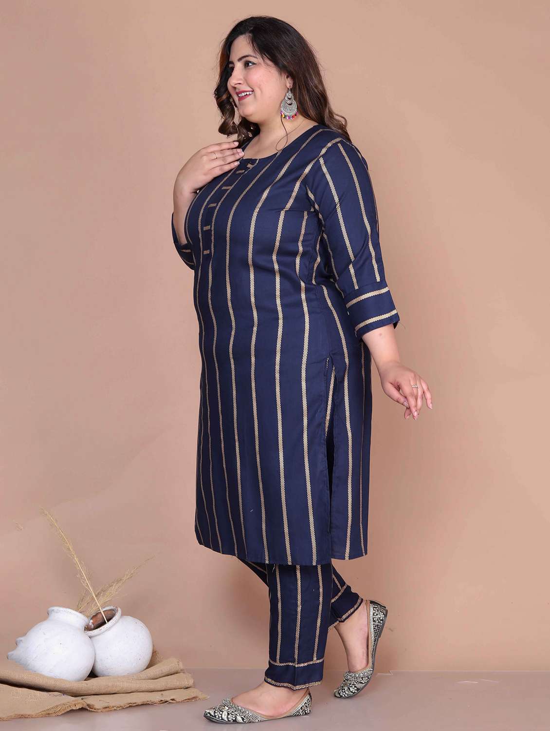 women plus size striped three quarter sleeve kurta pant set - 22285701 -  Standard Image - 1