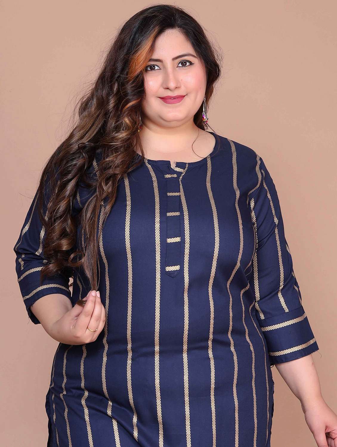women plus size striped three quarter sleeve kurta pant set - 22285701 -  Standard Image - 4