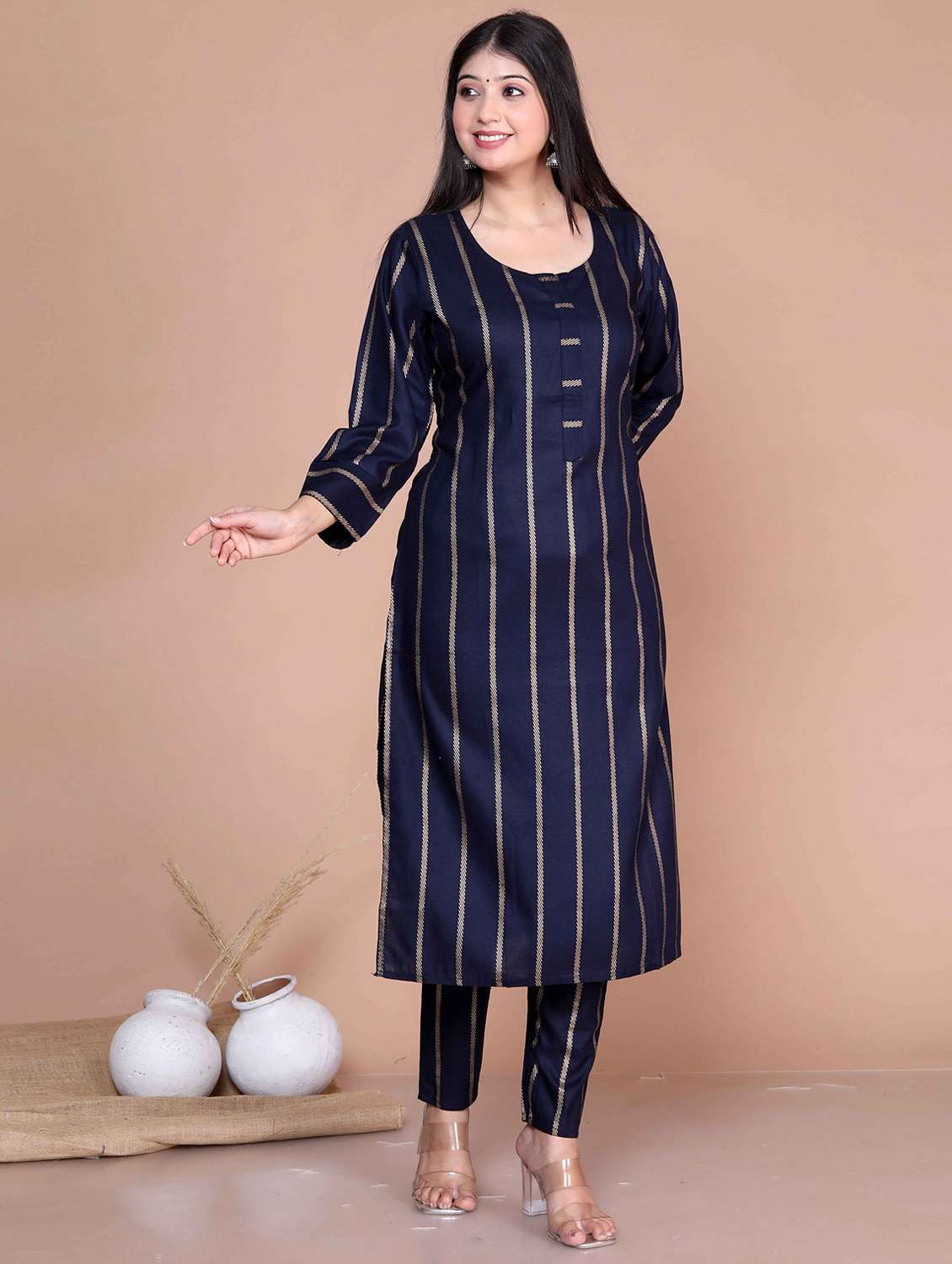 Women Striped Three Quarter Sleeve Kurta Pant Set - 22285702 -  Standard Image - 1