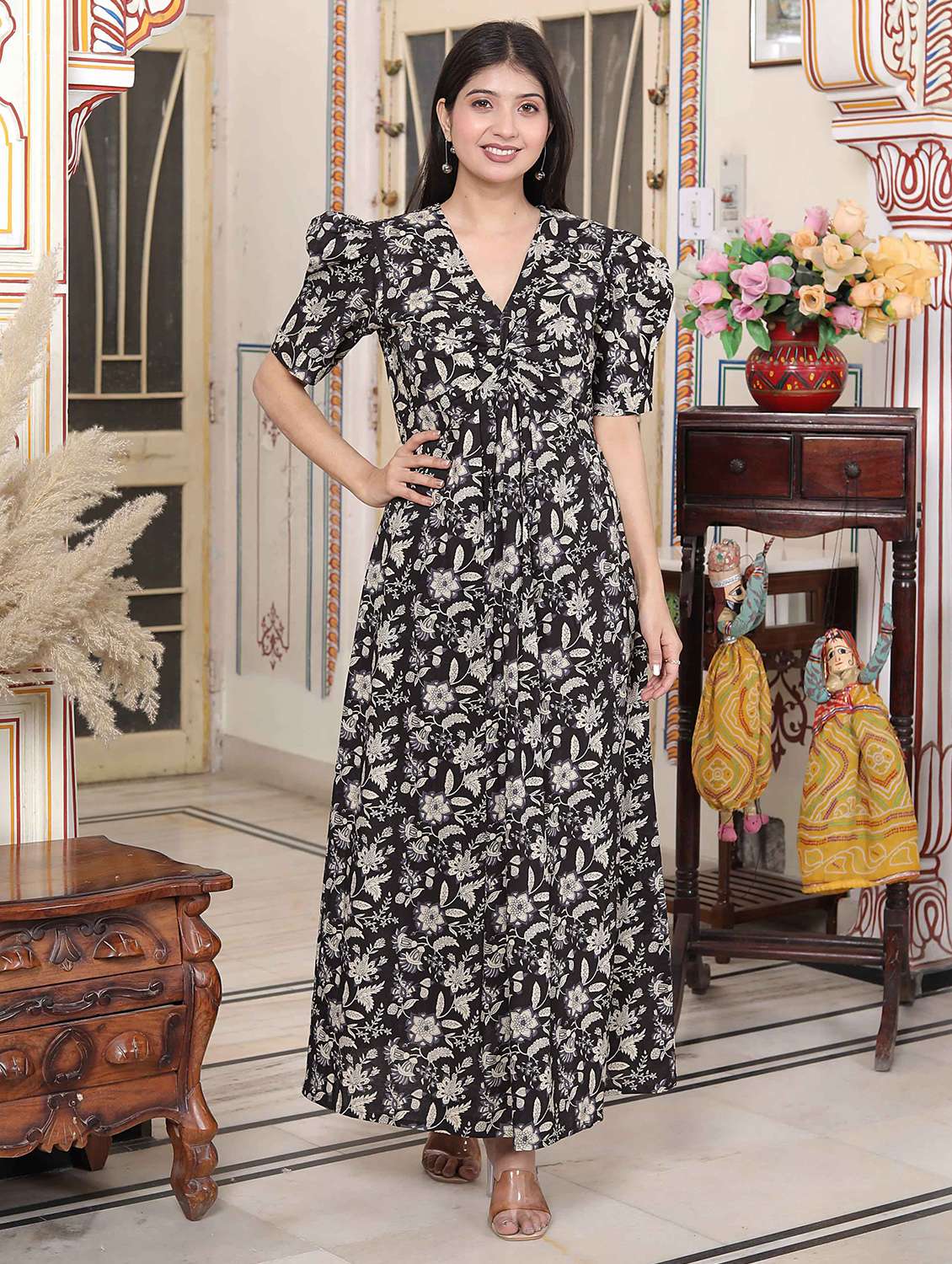 women printed puff sleeve fit & flared dress