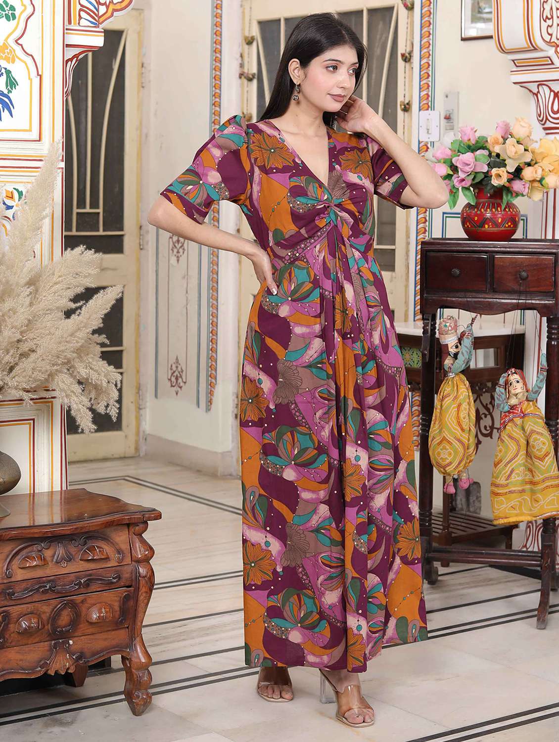 women printed puff sleeve a-line dress - 22285719 -  Standard Image - 1